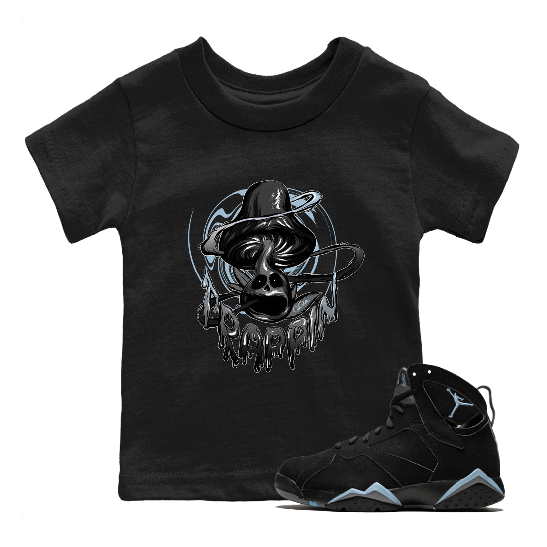 Air Jordan 7 Chambray Sneaker Match Tees Trippin Mushroom Streetwear Sneaker Shirt AJ7 Chambray Sneaker Release Tees Kids Shirts Black 1