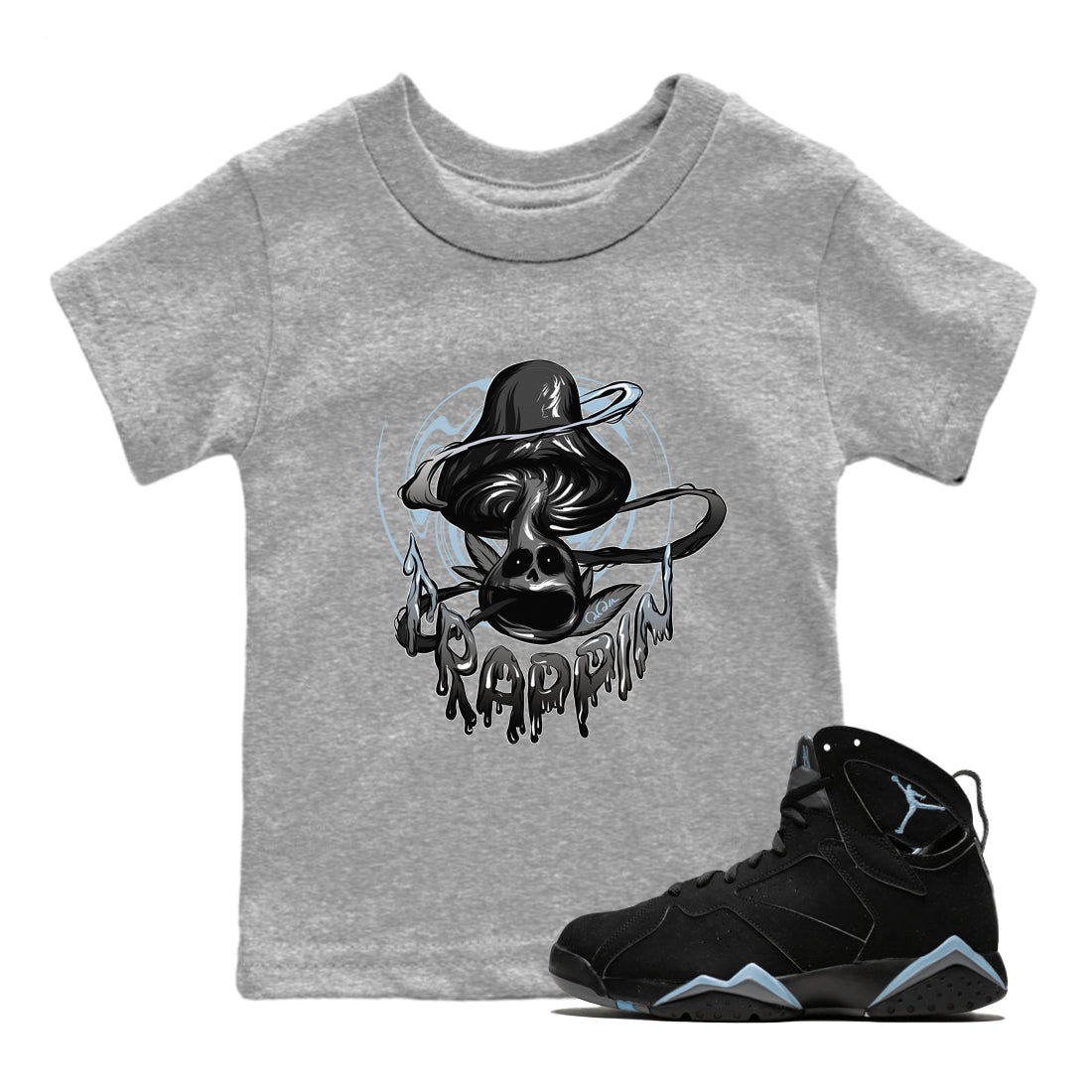 Air Jordan 7 Chambray Sneaker Match Tees Trippin Mushroom Streetwear Sneaker Shirt AJ7 Chambray Sneaker Release Tees Kids Shirts Heather Grey 1