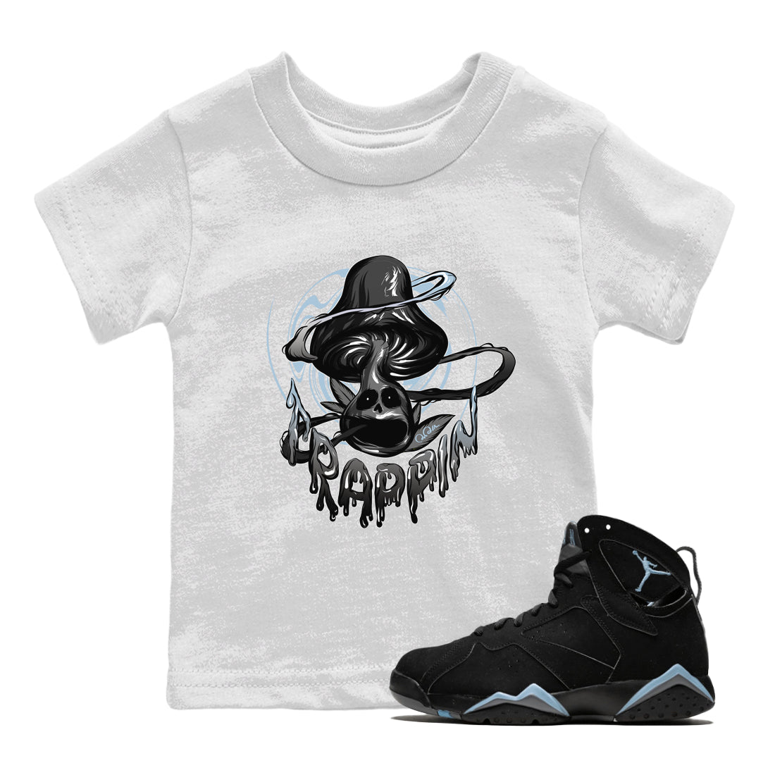 Air Jordan 7 Chambray Sneaker Match Tees Trippin Mushroom Streetwear Sneaker Shirt AJ7 Chambray Sneaker Release Tees Kids Shirts White 1