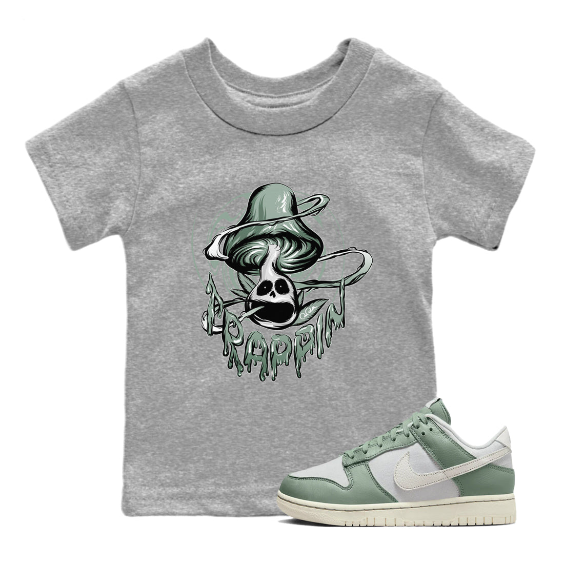 Dunk Mica Green Sneaker Match Tees Trippin Mushroom Streetwear Sneaker Shirt Dunk Low Mica Green Sneaker Release Tees Kids Shirts Heather Grey 1