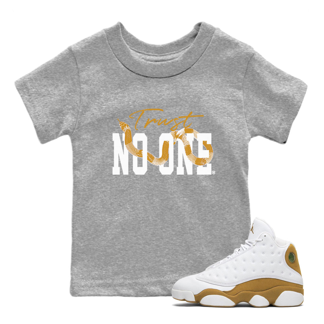 Jordan Retro 13 Wheat Sneaker Matching Tee Trust No One Sneaker Tees 13 Wheat Sneaker T-Shirt Kids Shirts Heather Grey 1