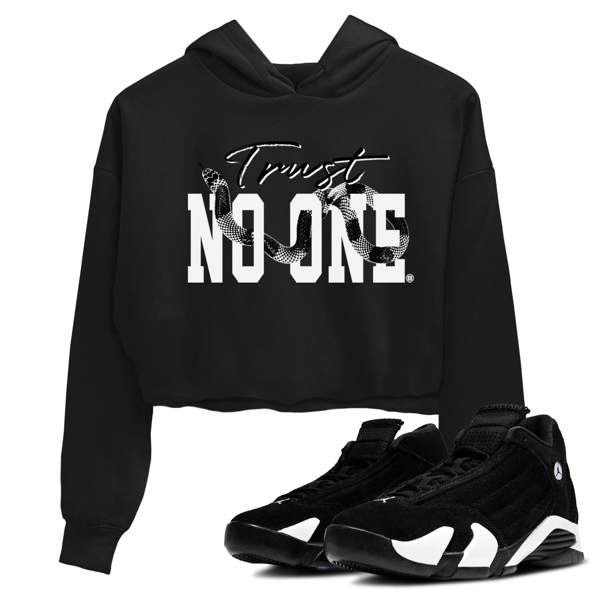 14s Panda shirt to match jordans Trust No One sneaker match tee Air Jordan 14 Panda AJ14 Black White Drip Gear Zone Black 1 women's crop tee