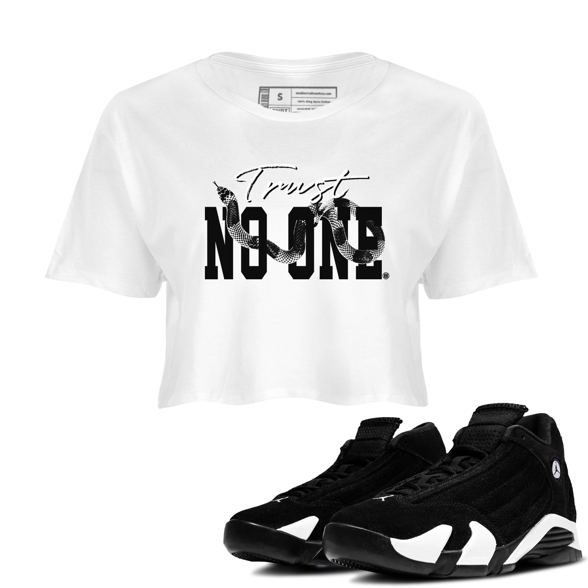 14s Panda shirt to match jordans Trust No One sneaker match tee Air Jordan 14 Panda AJ14 Black White Drip Gear Zone White 1 women's crop tee
