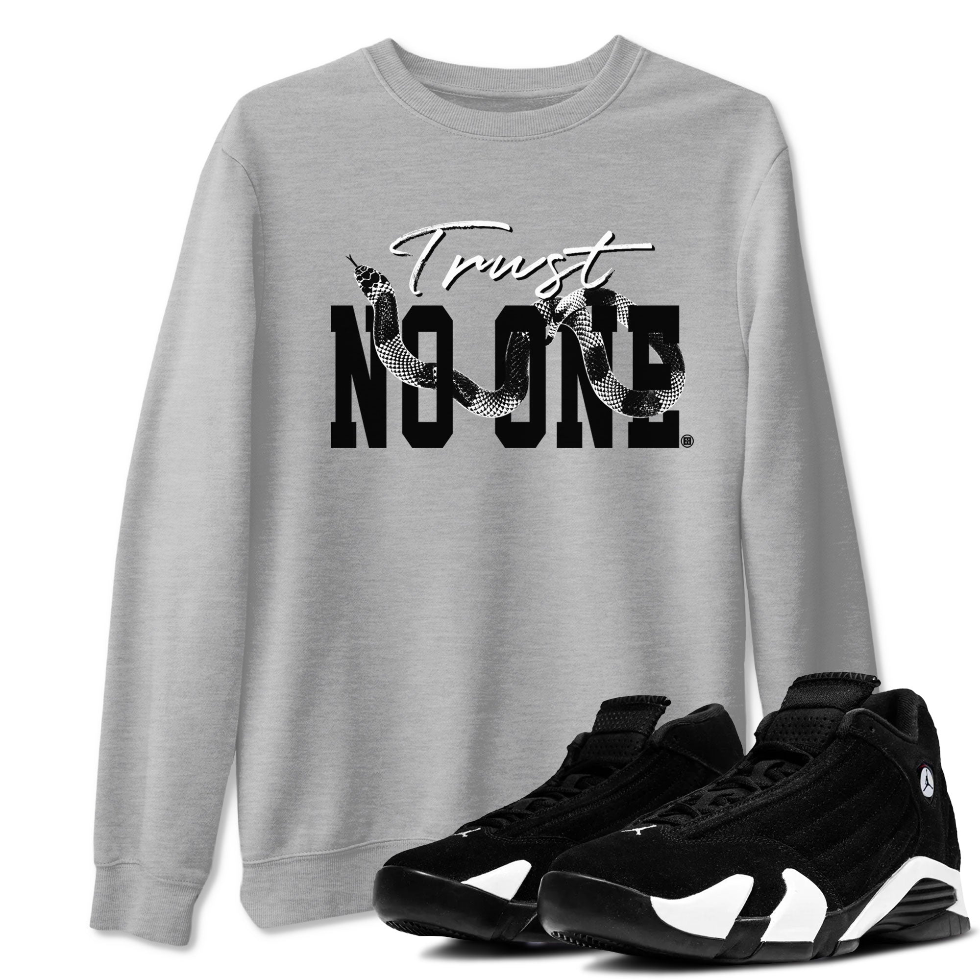 14s Panda shirt to match jordans Trust No One sneaker match tee Air Jordan 14 Panda AJ14 Black White Drip Gear Zone unisex cotton Heather Grey 1 crew neck shirt