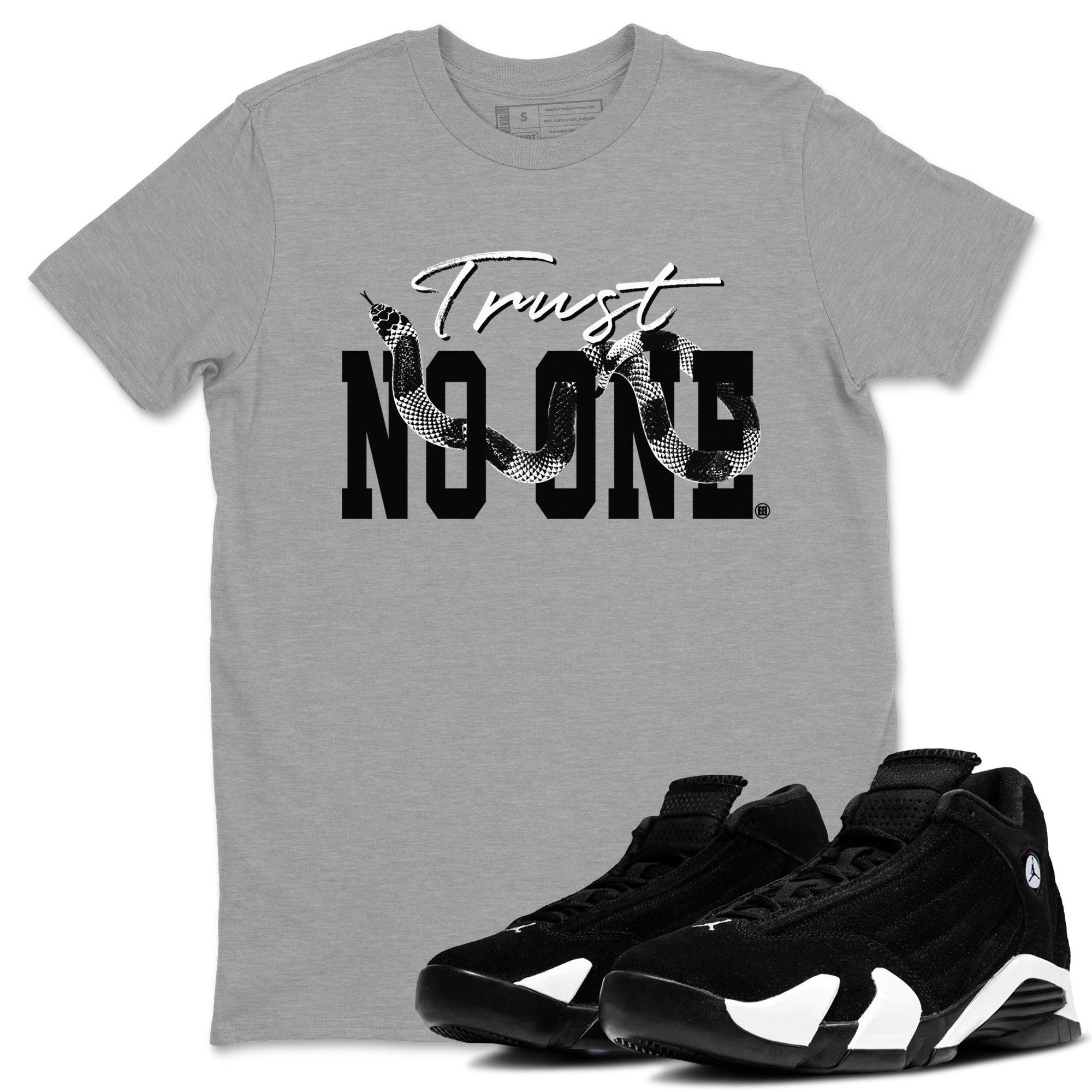 14s Panda shirt to match jordans Trust No One sneaker match tee Air Jordan 14 Panda AJ14 Black White Drip Gear Zone unisex cotton Heather Grey 1 crew neck shirt