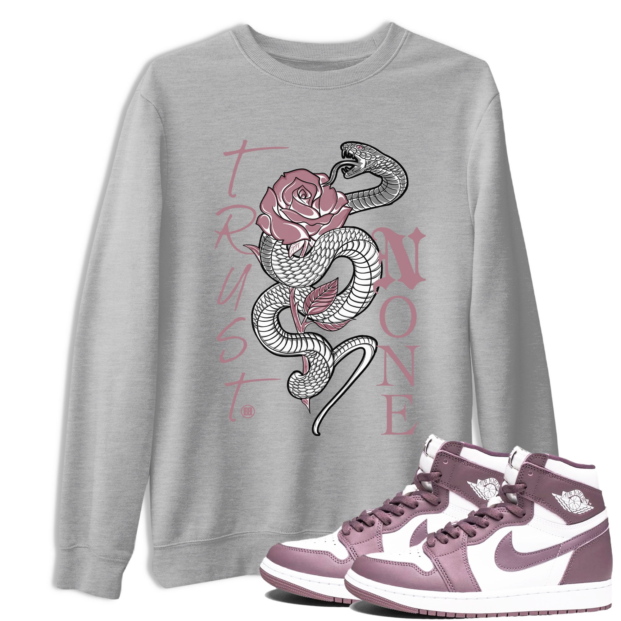 Air Jordan 1 High OG WMNS Mauve shirt to match jordans Trust None crew neck streetwear t-shirt Air Jordan 1 Mauve Drip Gear Zone Unisex Heather Grey 1 Sneaker Matching Tee