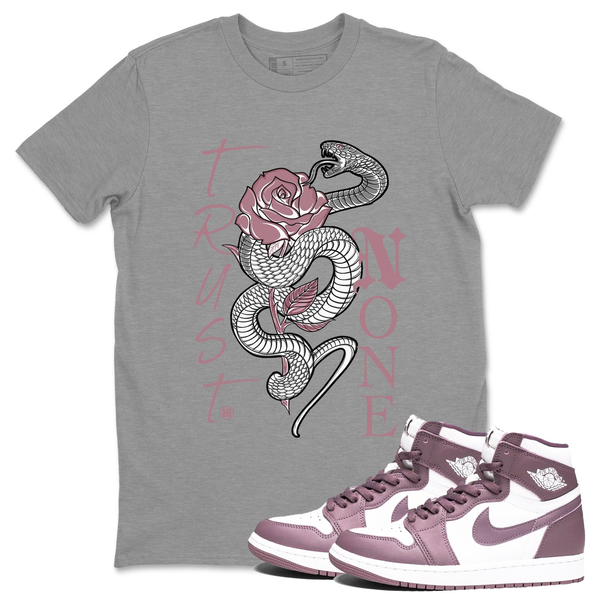 Air Jordan 1 High OG WMNS Mauve shirt to match jordans Trust None crew neck streetwear t-shirt Air Jordan 1 Mauve Drip Gear Zone Unisex Heather Grey 1 Sneaker Matching Tee