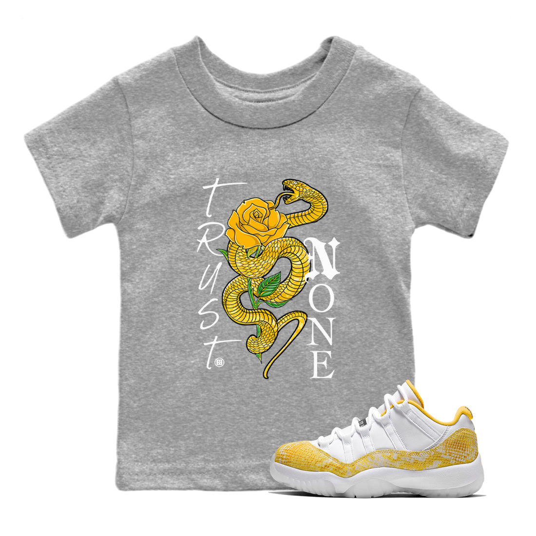 Jordan 11 Yellow Snakeskin Sneaker Match Tees Trust None Sneaker Tees Air Jordan 11 Yellow Python Sneaker Release Tees Kids Shirts Heather Grey 1