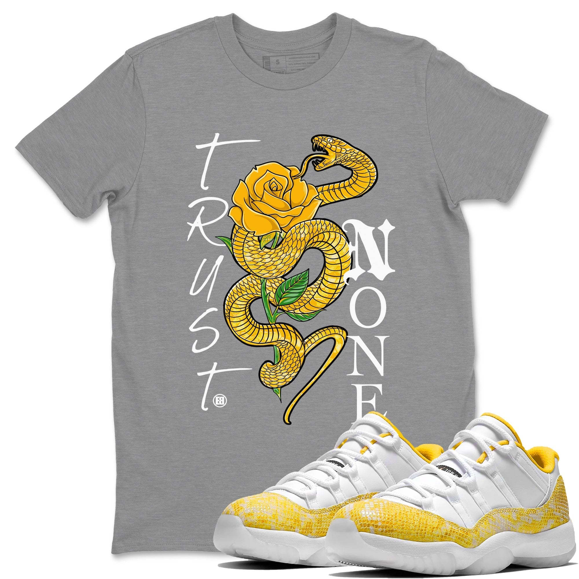 Jordan 11 Yellow Snakeskin Sneaker Match Tees Trust None Sneaker Tees Air Jordan 11 Yellow Python Sneaker Release Tees Unisex Shirts Heather Grey 1