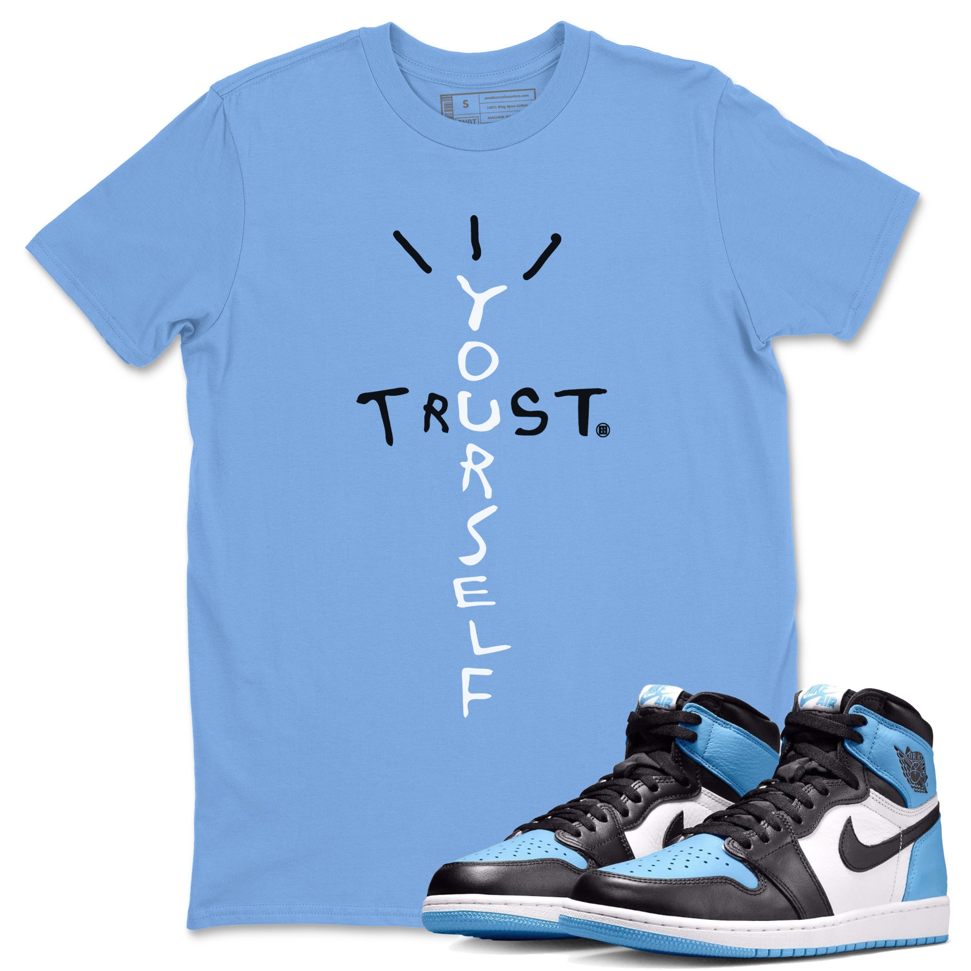 Air Jordan 1 UNC Toe Trust Yourself Crew Neck Streetwear Sneaker Shirt Air Jordan 1 UNC Toe Sneaker T-Shirts Washing and Care Tip