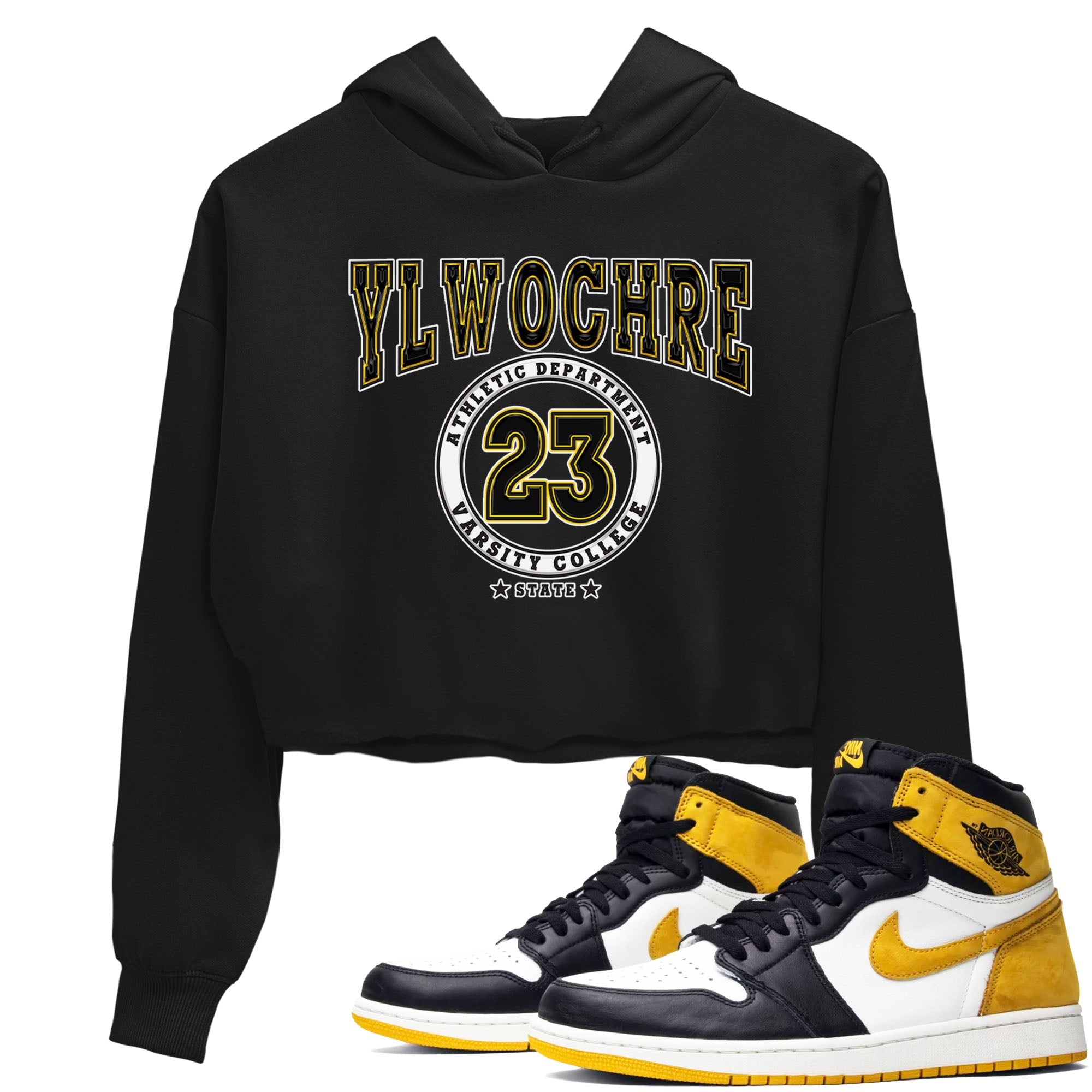1s Yellow Ochre shirt to match jordans Varsity sneaker tees Air Jordan 1 High OG Yellow Ochre Drip Gear Zone Black 1 crop length shirt