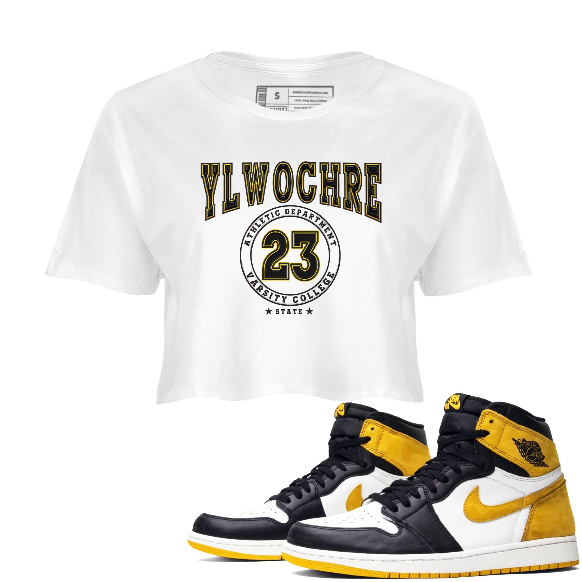1s Yellow Ochre shirt to match jordans Varsity sneaker tees Air Jordan 1 High OG Yellow Ochre Drip Gear Zone White 1 crop length shirt