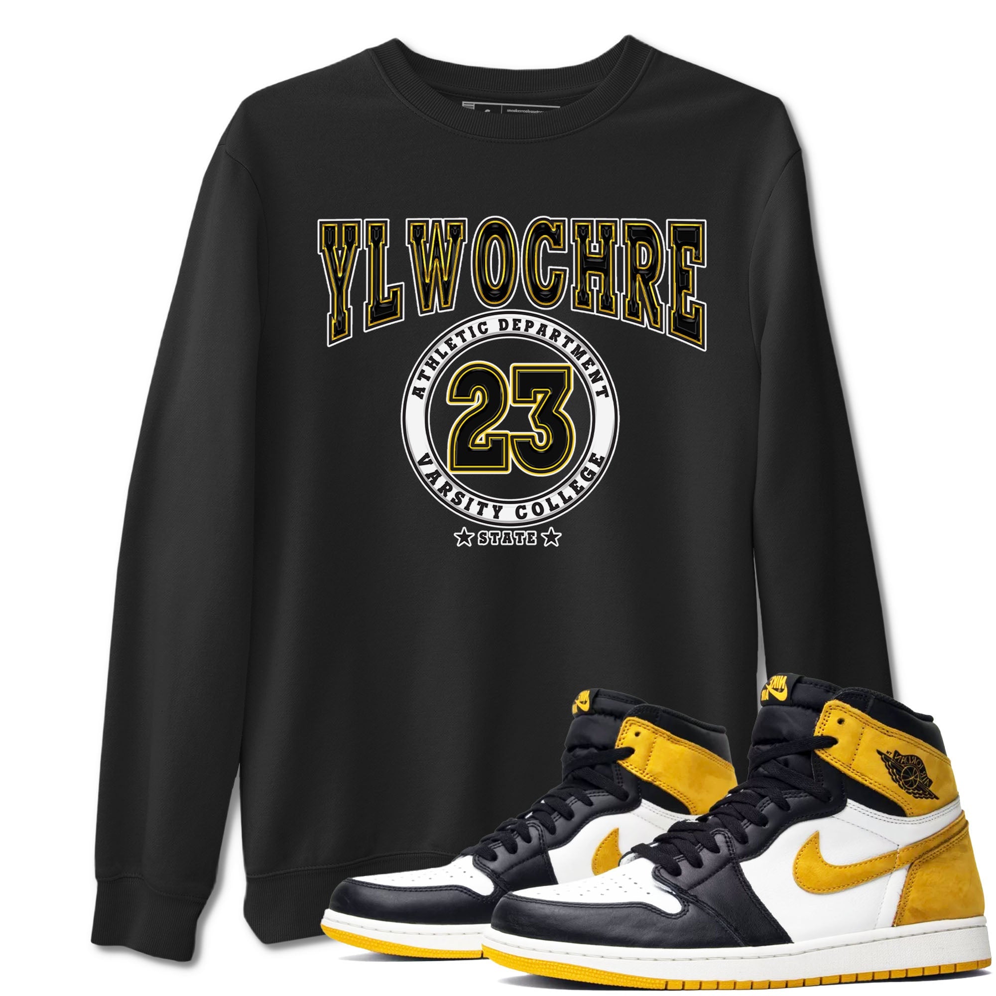 1s Yellow Ochre shirt to match jordans Varsity sneaker tees Air Jordan 1 High OG Yellow Ochre Drip Gear Zone unisex cotton Black 1 crew neck shirt