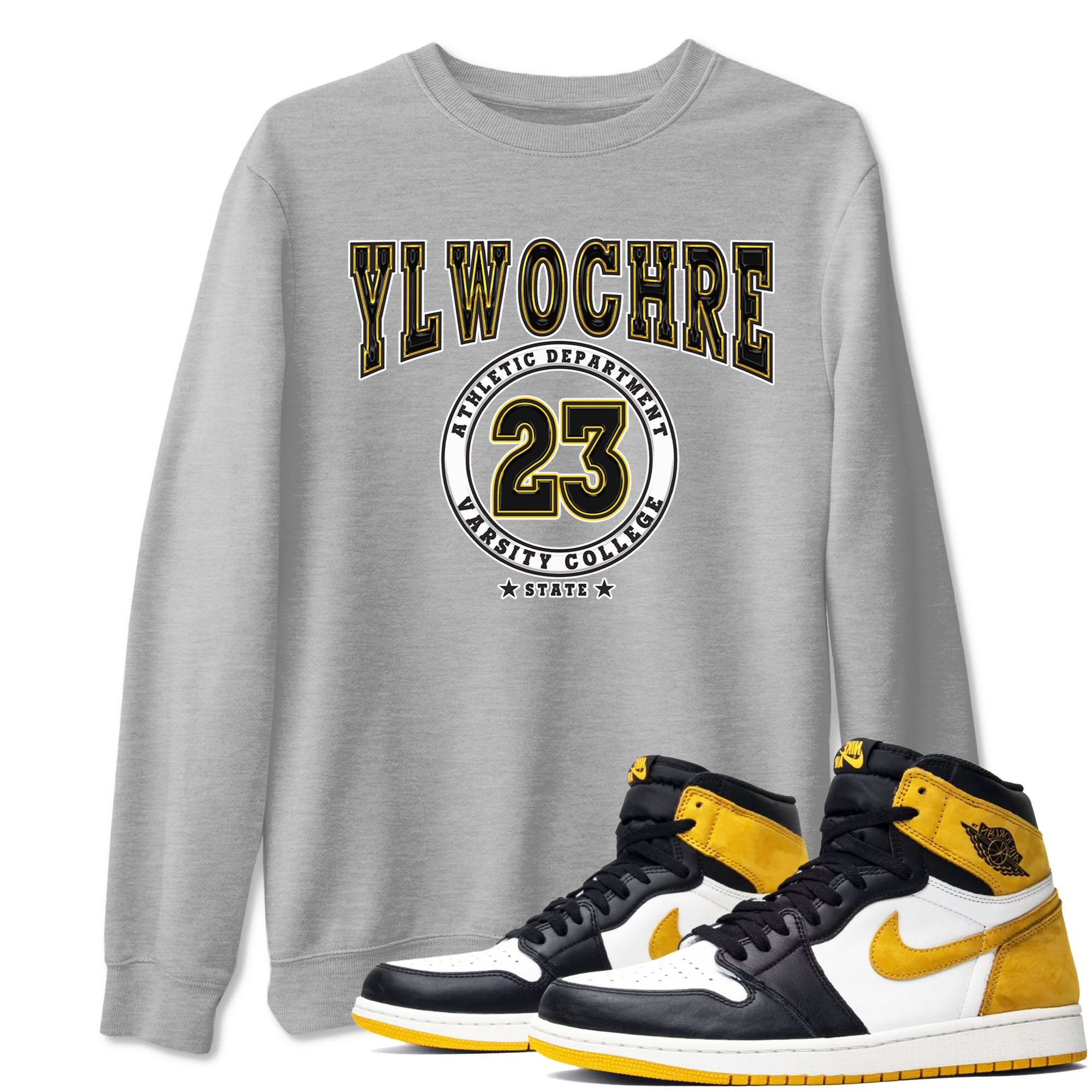 1s Yellow Ochre shirt to match jordans Varsity sneaker tees Air Jordan 1 High OG Yellow Ochre Drip Gear Zone unisex cotton Heather Grey 1 crew neck shirt