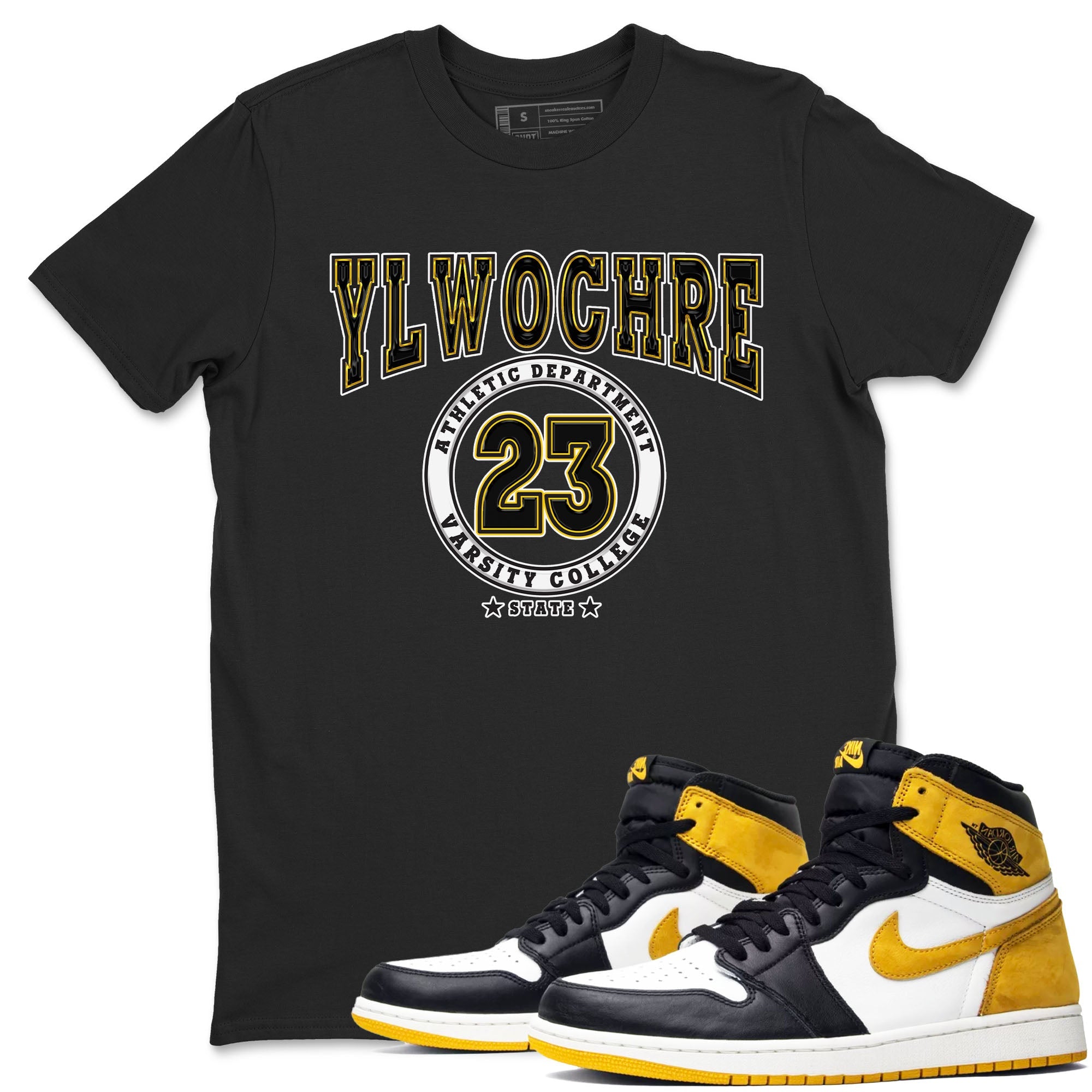 1s Yellow Ochre shirt to match jordans Varsity sneaker tees Air Jordan 1 High OG Yellow Ochre Drip Gear Zone unisex cotton Black 1 crew neck shirt