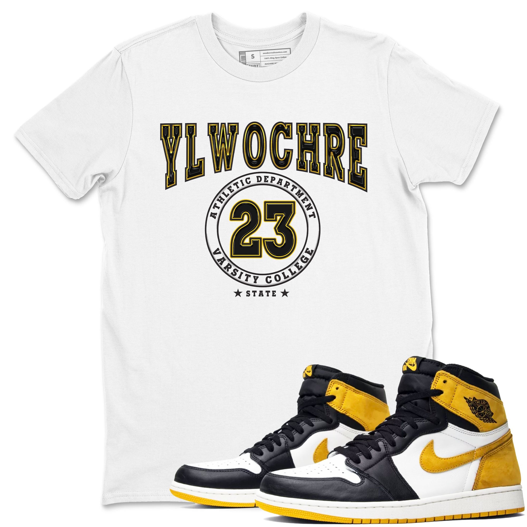 1s Yellow Ochre shirt to match jordans Varsity sneaker tees Air Jordan 1 High OG Yellow Ochre Drip Gear Zone unisex cotton White 1 crew neck shirt