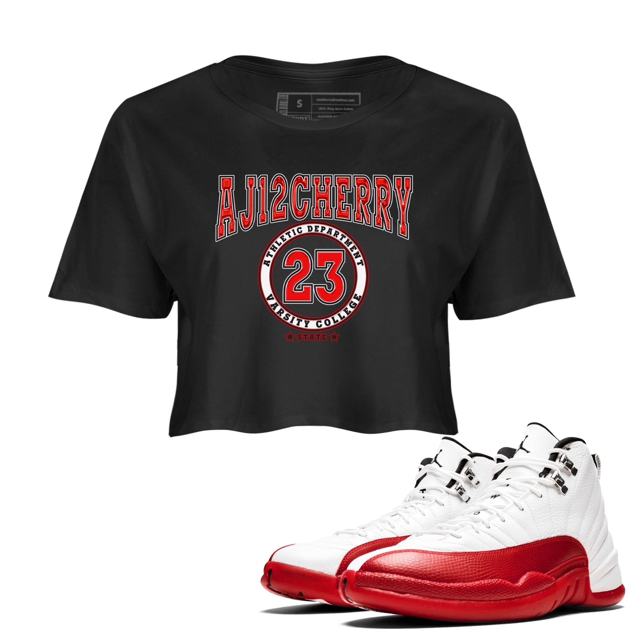Jordan 12 Retro Cherry shirt to match jordans Varsity Red Varsity special sneaker matching tees 12s Cherry Drip Gear Zone Black 1 Crop T-Shirt
