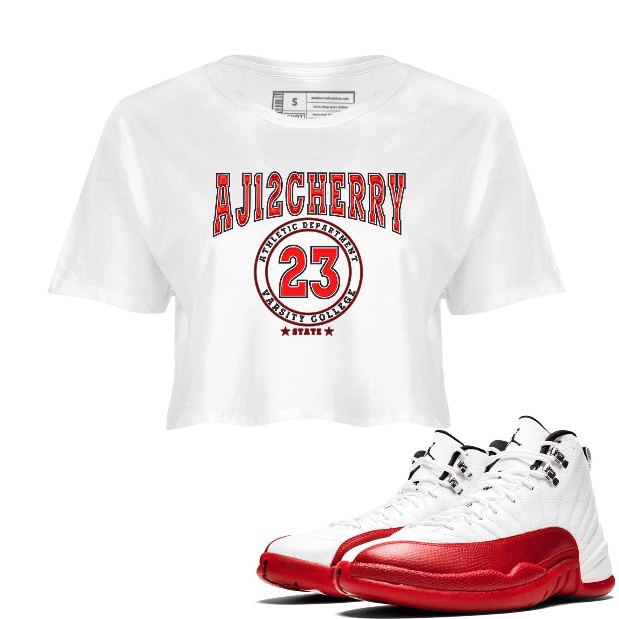 Jordan 12 Retro Cherry shirt to match jordans Varsity Red Varsity special sneaker matching tees 12s Cherry Drip Gear Zone White 1 Crop T-Shirt