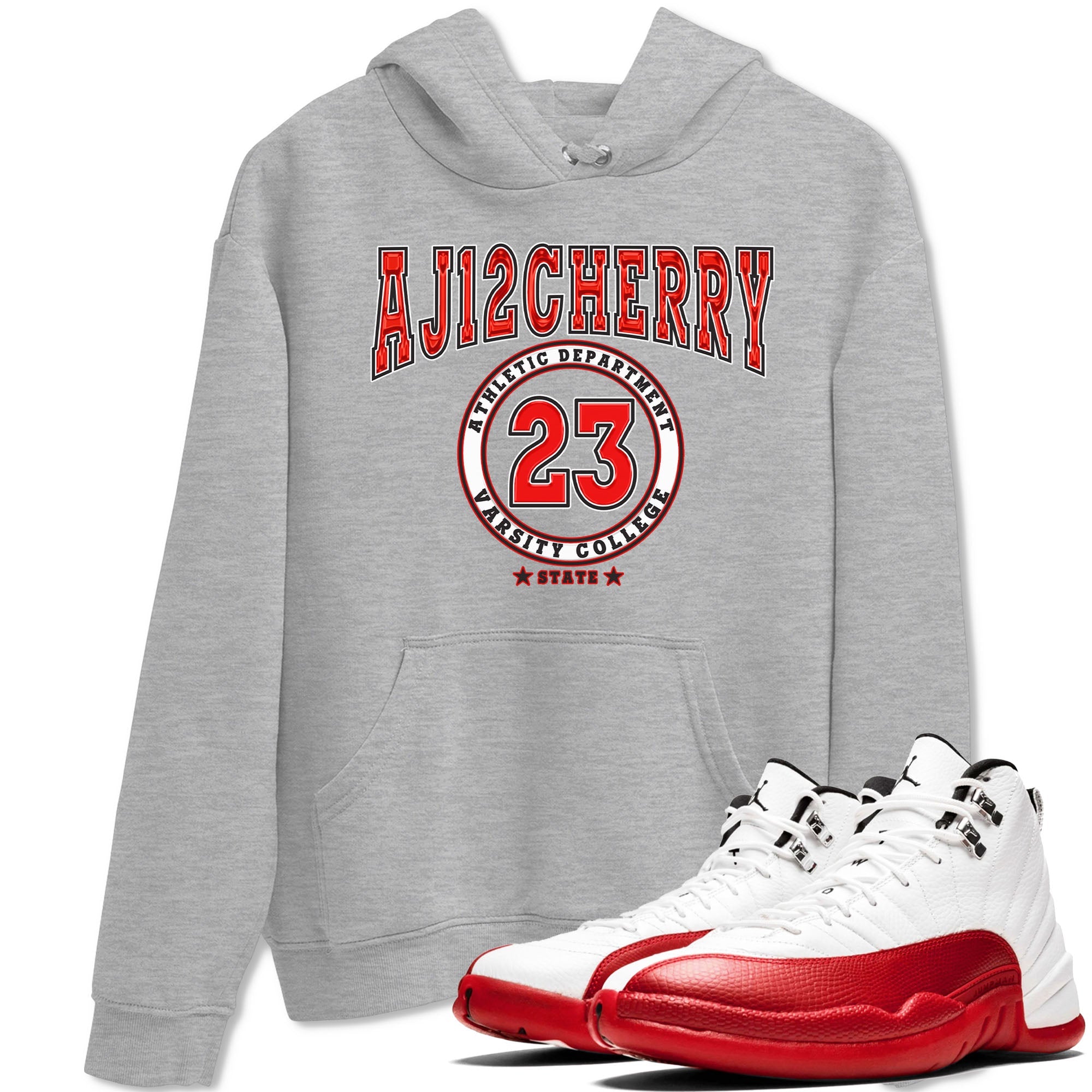 Jordan 12 Retro Cherry shirt to match jordans Varsity Red Varsity special sneaker matching tees 12s Cherry Drip Gear Zone Unisex Heather Grey 1 T-Shirt