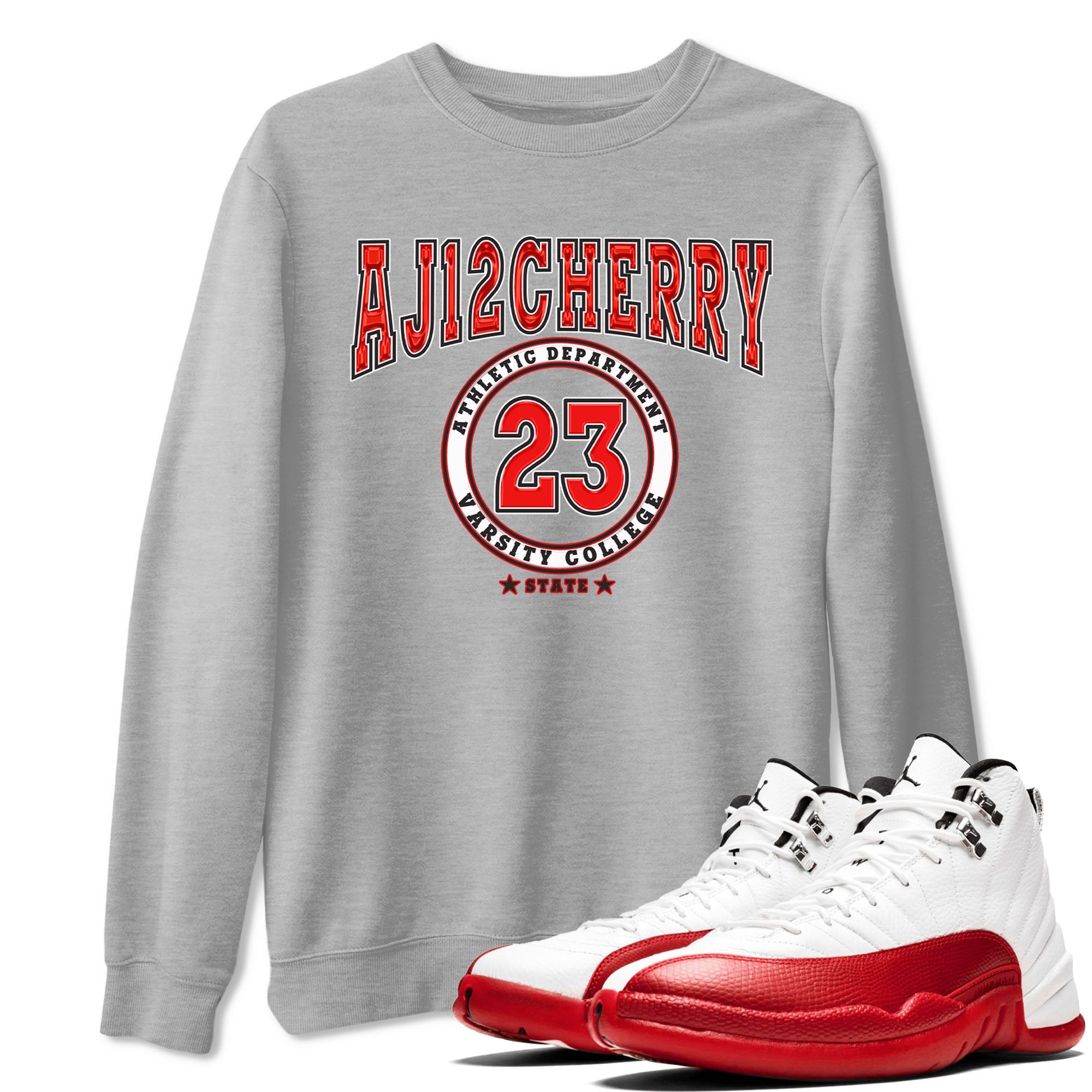 Jordan 12 Retro Cherry shirt to match jordans Varsity Red Varsity special sneaker matching tees 12s Cherry Drip Gear Zone Unisex Heather Grey 1 T-Shirt