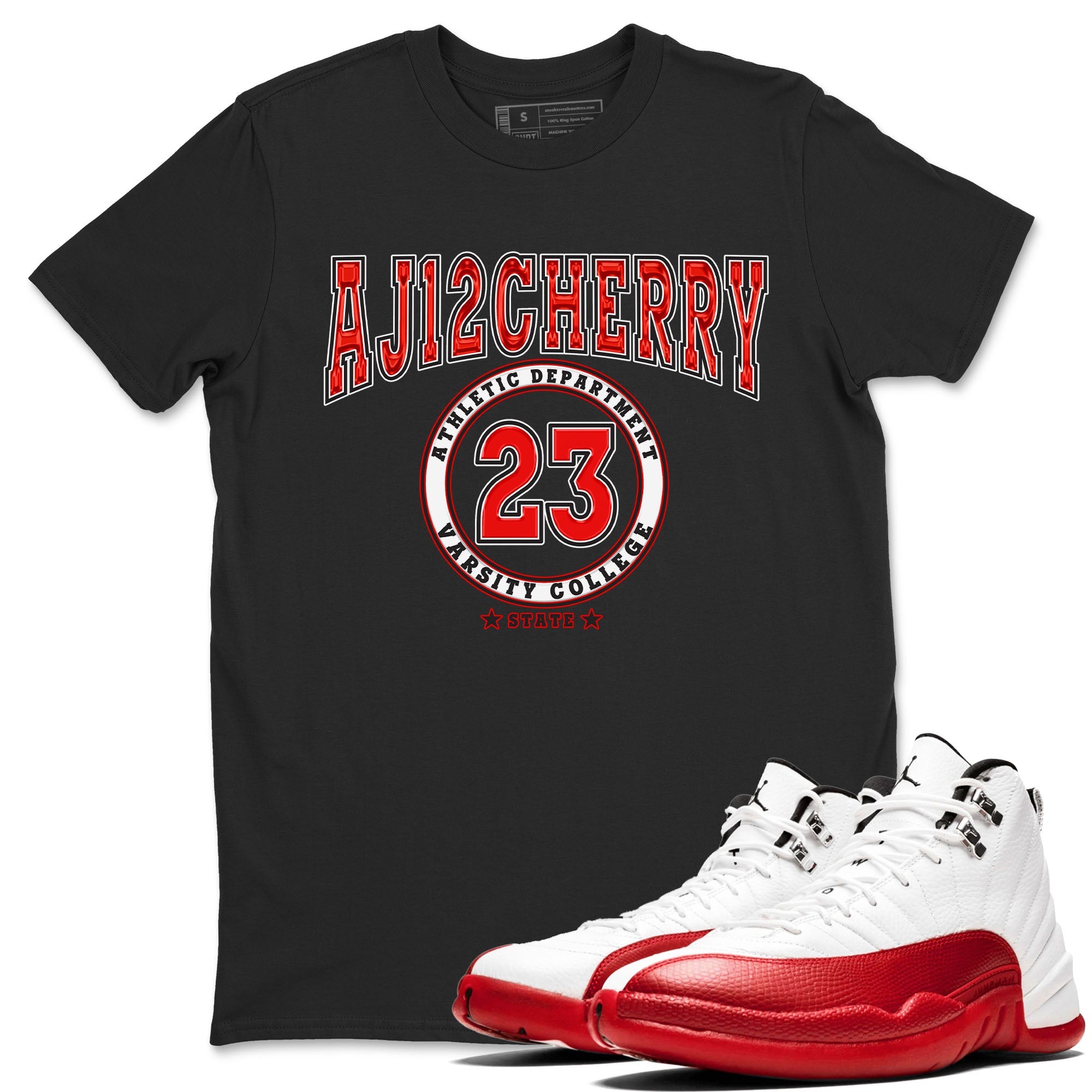 Jordan 12 Retro Cherry shirt to match jordans Varsity Red Varsity special sneaker matching tees 12s Cherry Drip Gear Zone Unisex Black 1 T-Shirt