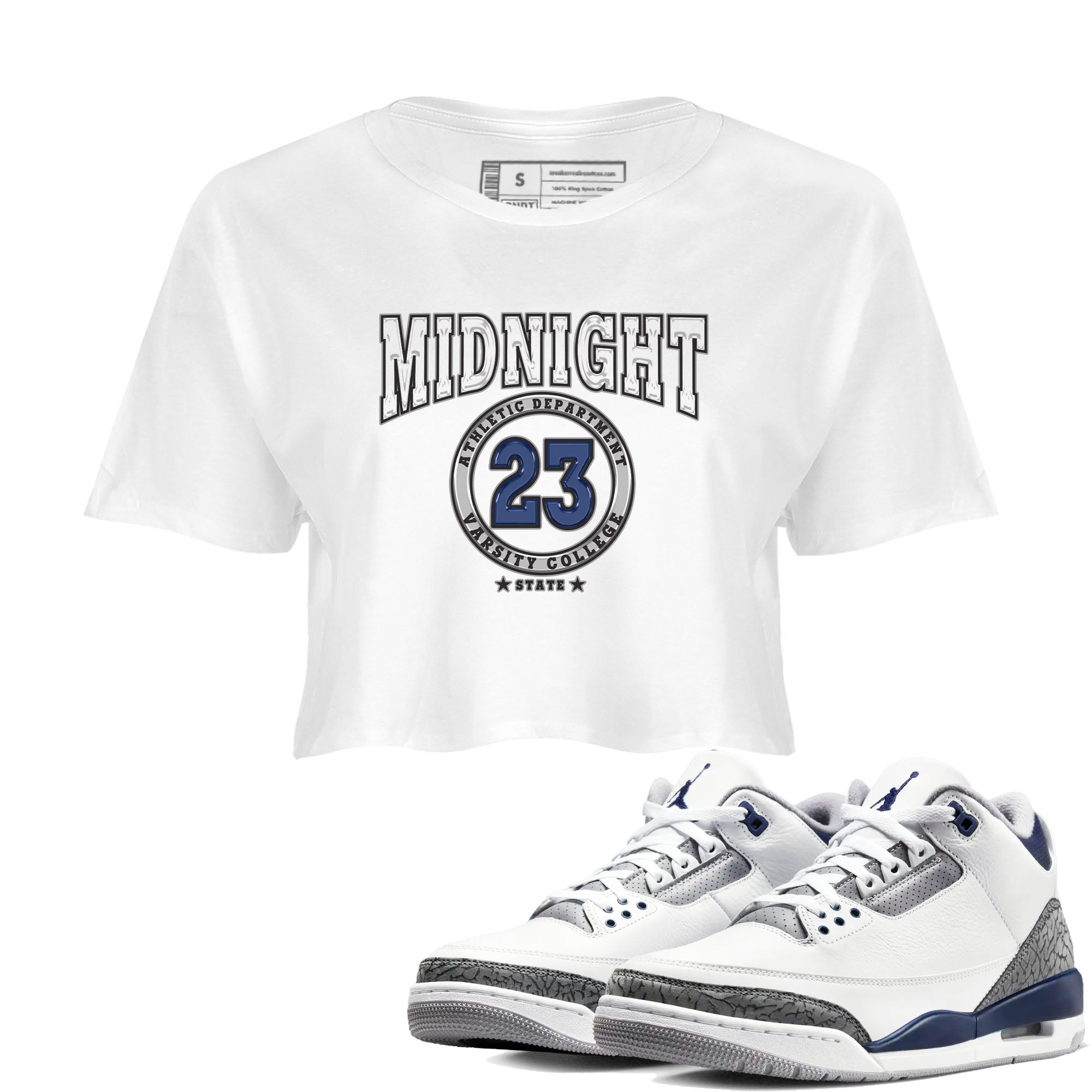Air Jordan 3 Retro Midnight Navy shirt to match jordans Varsity sneaker shirt 3s Midnight Navy Drip Gear Zone White 1 crop shirt