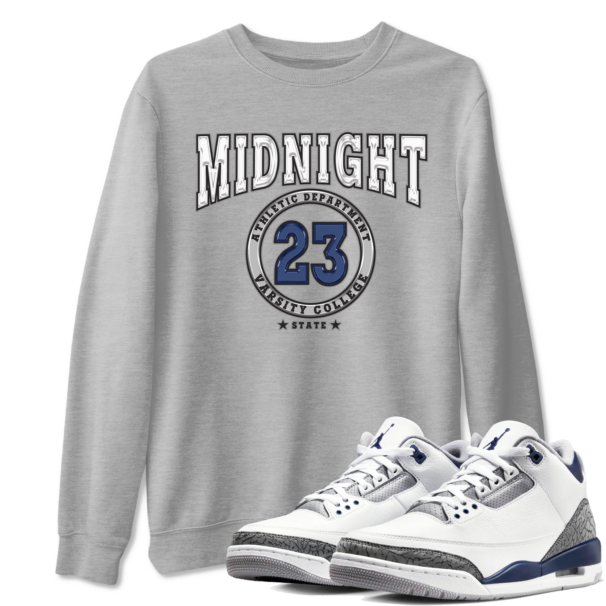 Air Jordan 3 Retro Midnight Navy shirt to match jordans Varsity sneaker shirt 3s Midnight Navy Drip Gear Zone unisex crew neck cotton Heather Grey 1 crew neck shirt