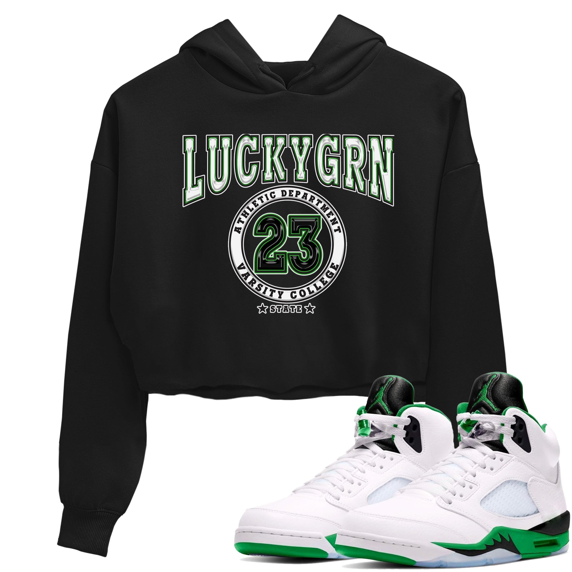 5s Lucky Green shirt to match jordans Varsity sneaker tees Air Jordan 5 Lucky Green Drip Gear Zone Black 1 crop length shirt