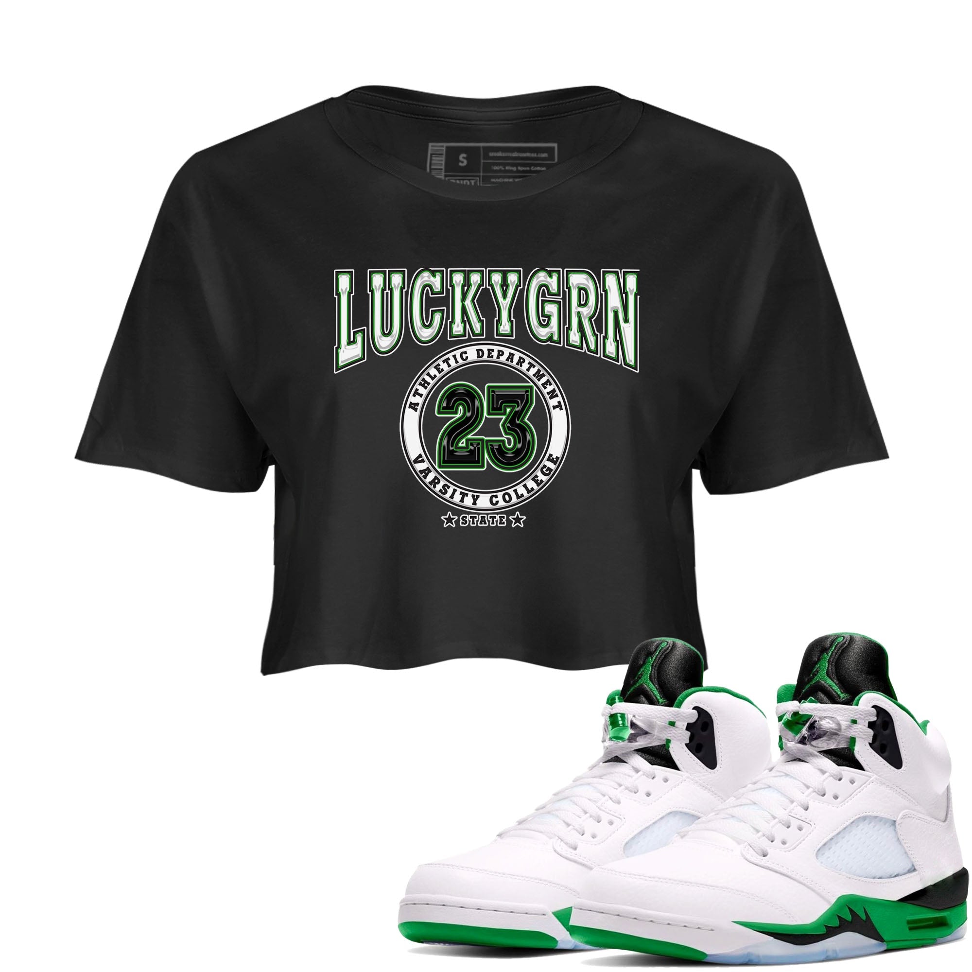5s Lucky Green shirt to match jordans Varsity sneaker tees Air Jordan 5 Lucky Green Drip Gear Zone Black 1 crop length shirt