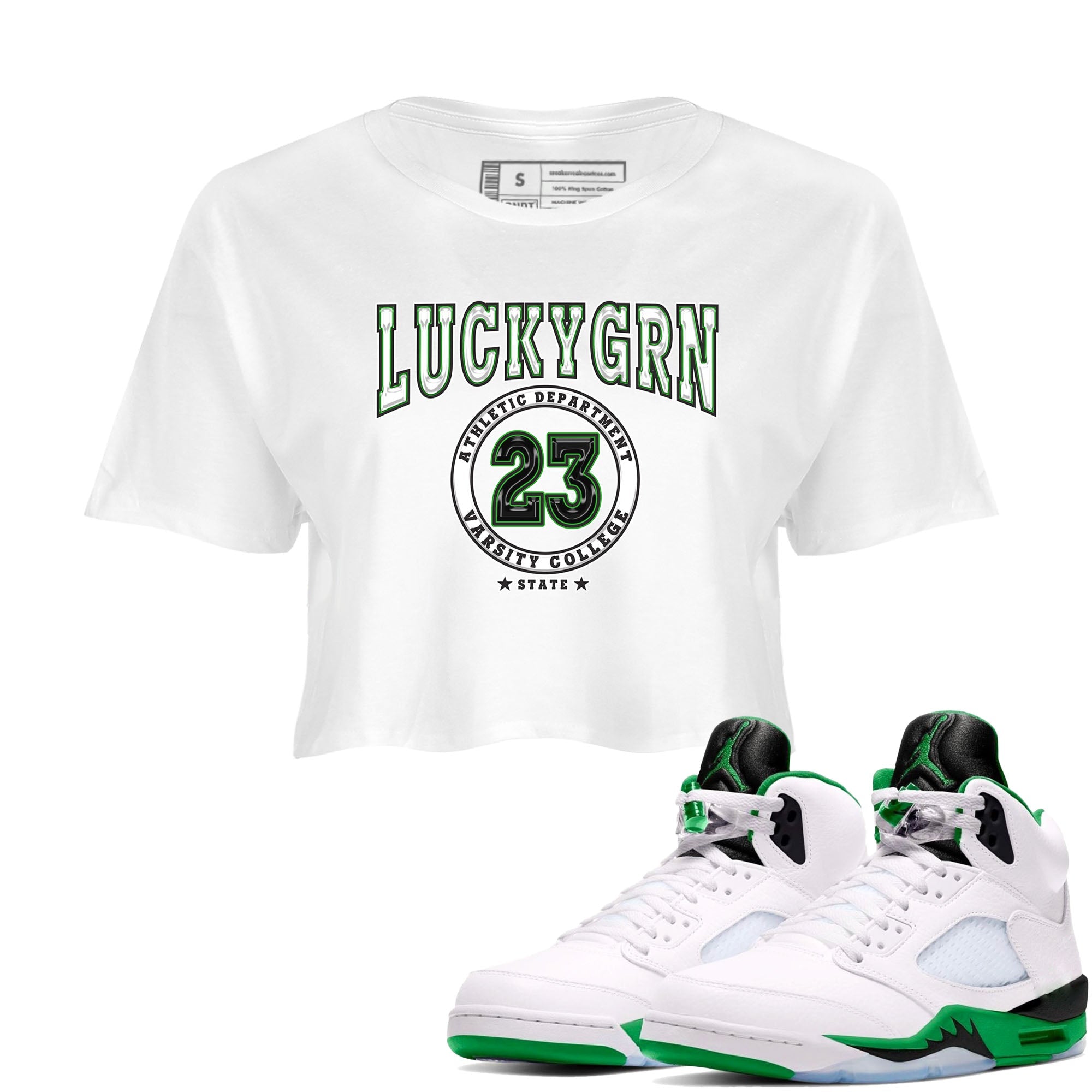 5s Lucky Green shirt to match jordans Varsity sneaker tees Air Jordan 5 Lucky Green Drip Gear Zone White 1 crop length shirt
