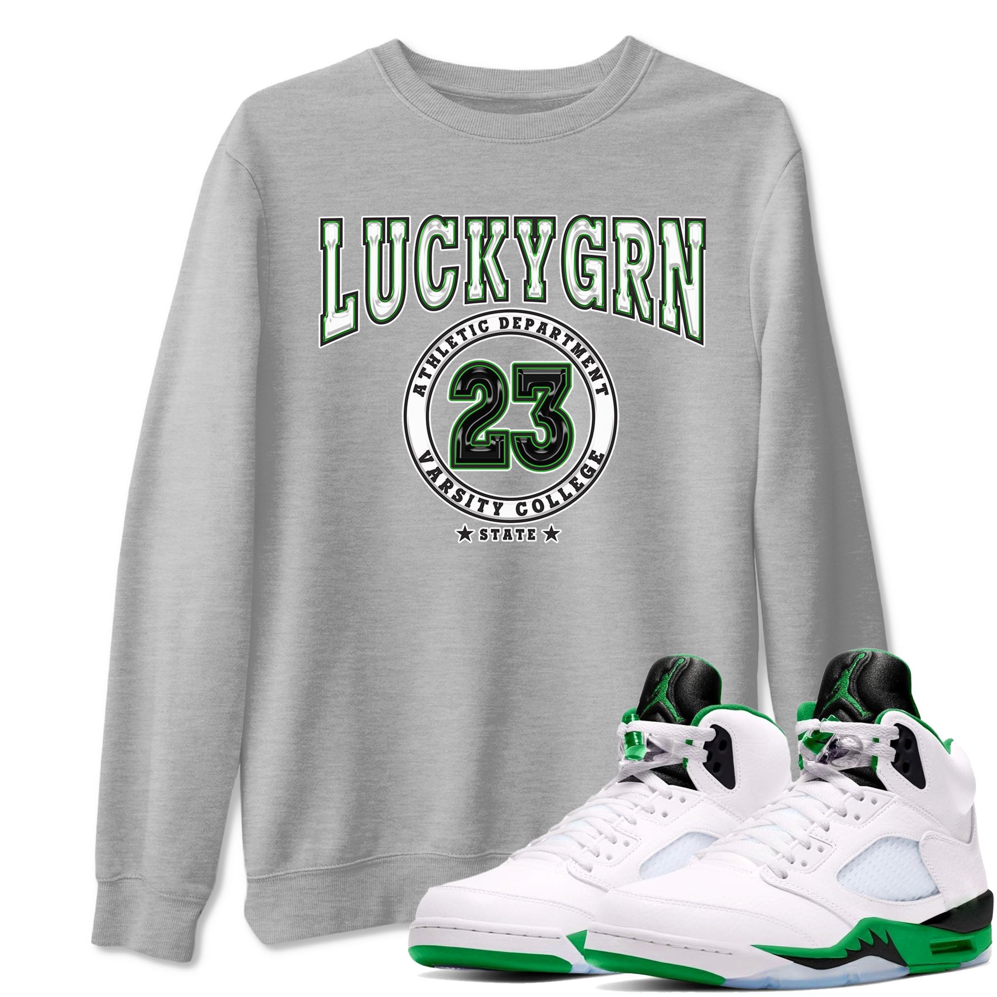 5s Lucky Green shirt to match jordans Varsity sneaker tees Air Jordan 5 Lucky Green Drip Gear Zone unisex cotton Heather Grey 1 crew neck shirt