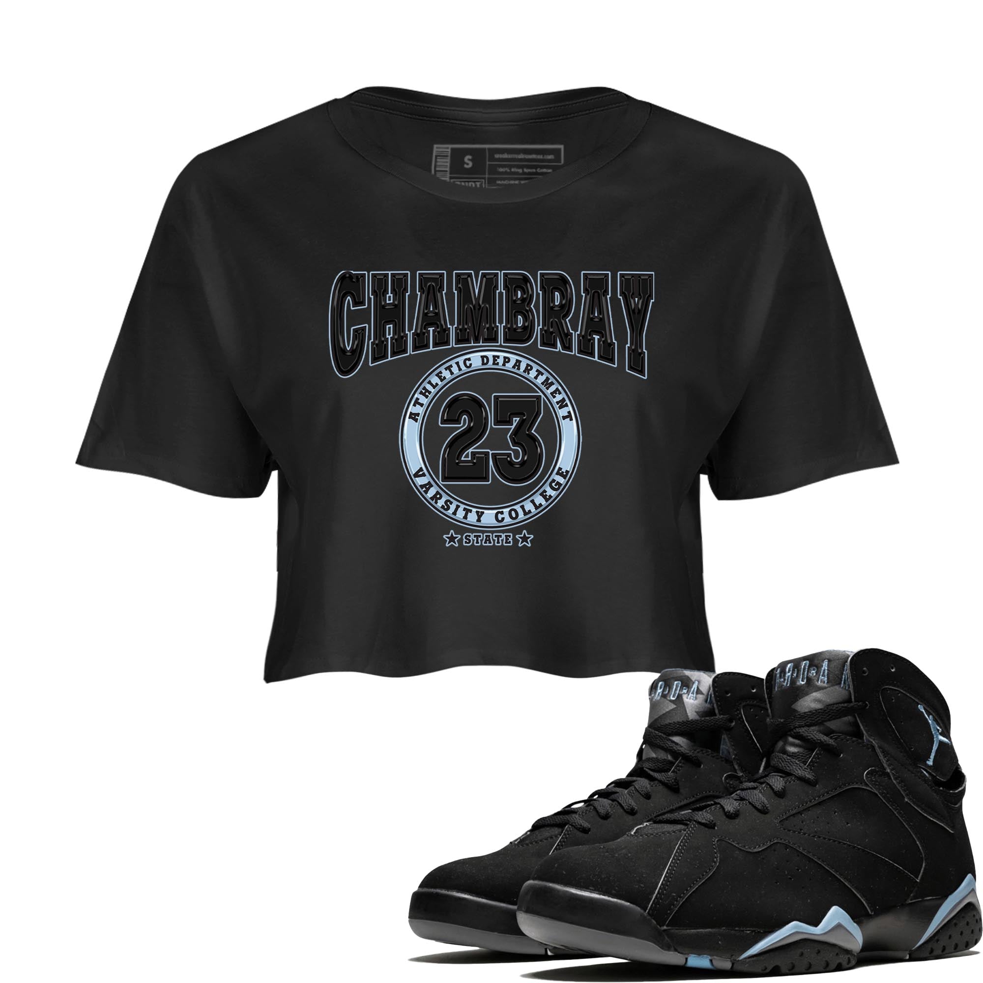 Air Jordan 7 Chambray shirt to match jordans Varsity Streetwear Sneaker Shirt AJ7 Chambray Drip Gear Zone Sneaker Matching Clothing Black 1 Crop T-Shirt