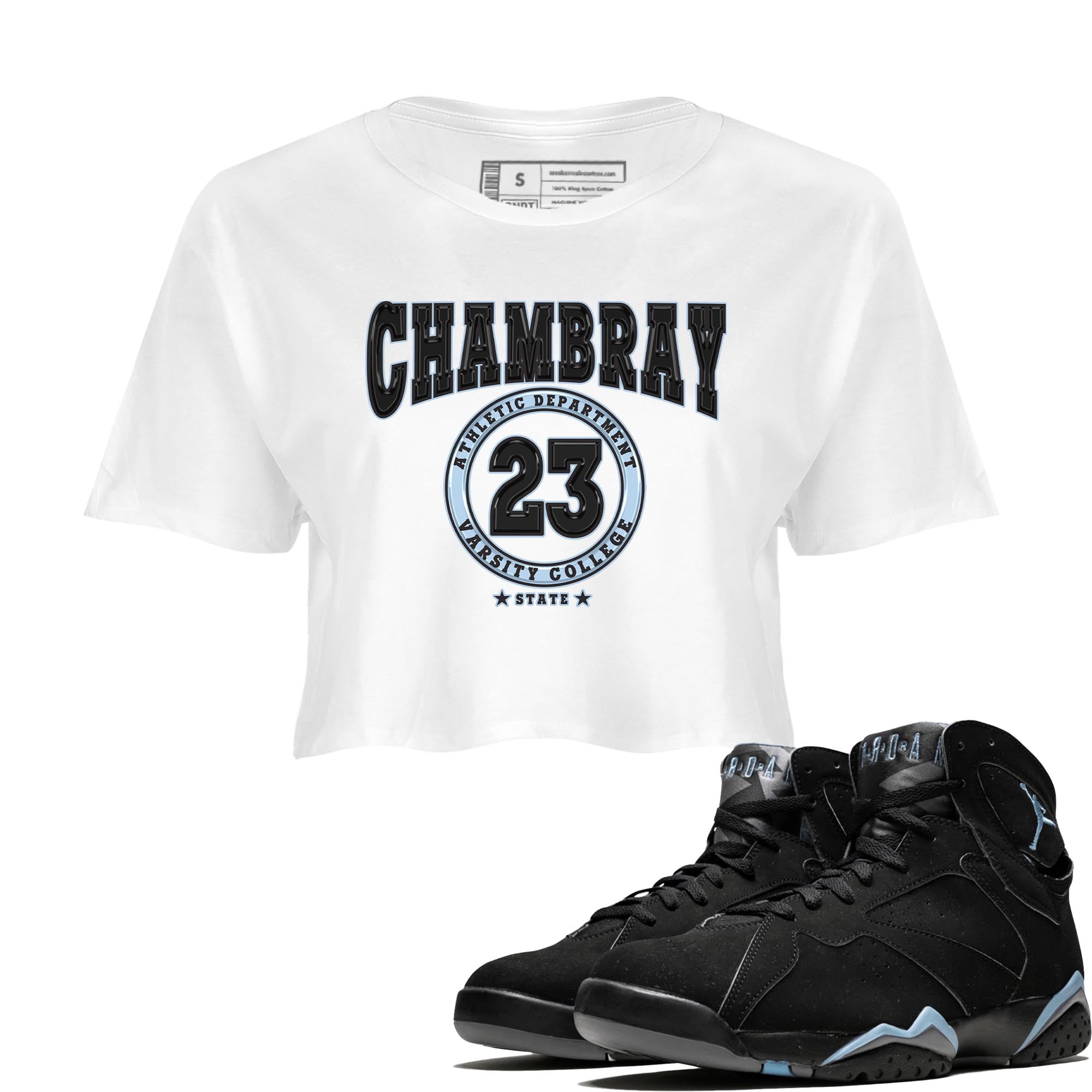 Air Jordan 7 Chambray shirt to match jordans Varsity Streetwear Sneaker Shirt AJ7 Chambray Drip Gear Zone Sneaker Matching Clothing White 1 Crop T-Shirt