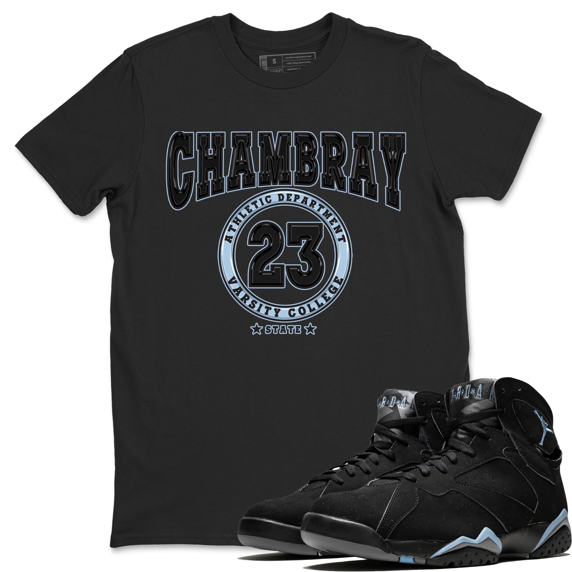 Air Jordan 7 Chambray shirt to match jordans Varsity Streetwear Sneaker Shirt AJ7 Chambray Drip Gear Zone Sneaker Matching Clothing Unisex Black 1 T-Shirt