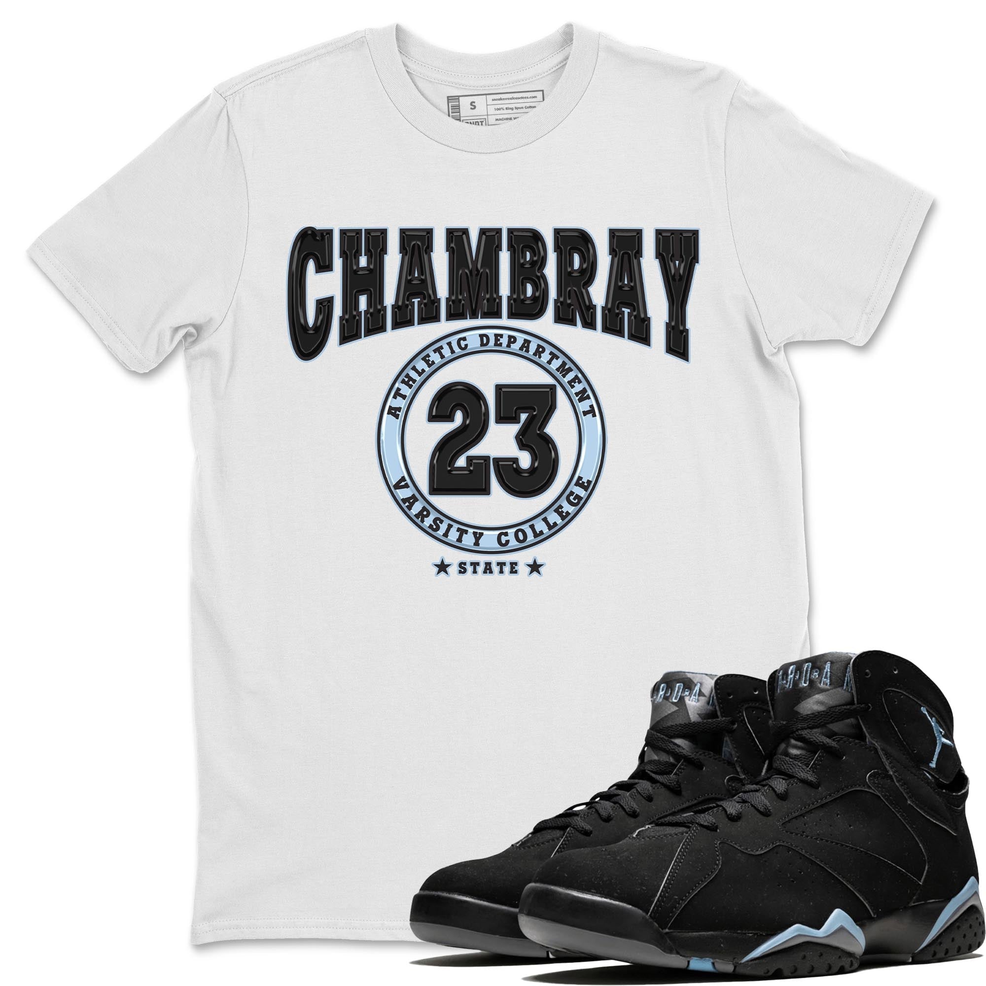 Air Jordan 7 Chambray shirt to match jordans Varsity Streetwear Sneaker Shirt AJ7 Chambray Drip Gear Zone Sneaker Matching Clothing Unisex White 1 T-Shirt
