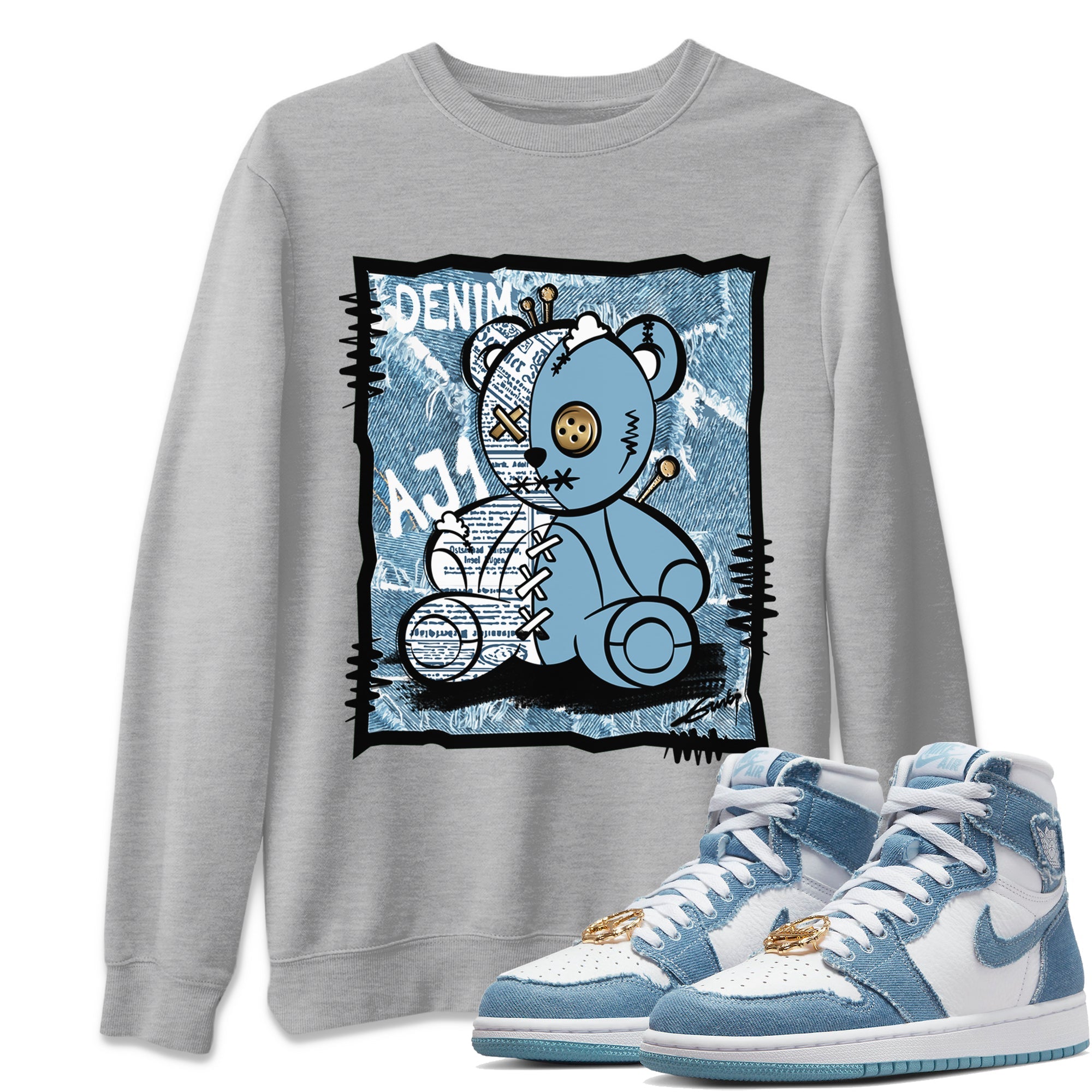 Jordan 1 Denim Sneaker Matching T-Shirt Vintage Bear Sneaker Tees Jordan 1 Denim Sneaker Release Tees Crew Neck Tees