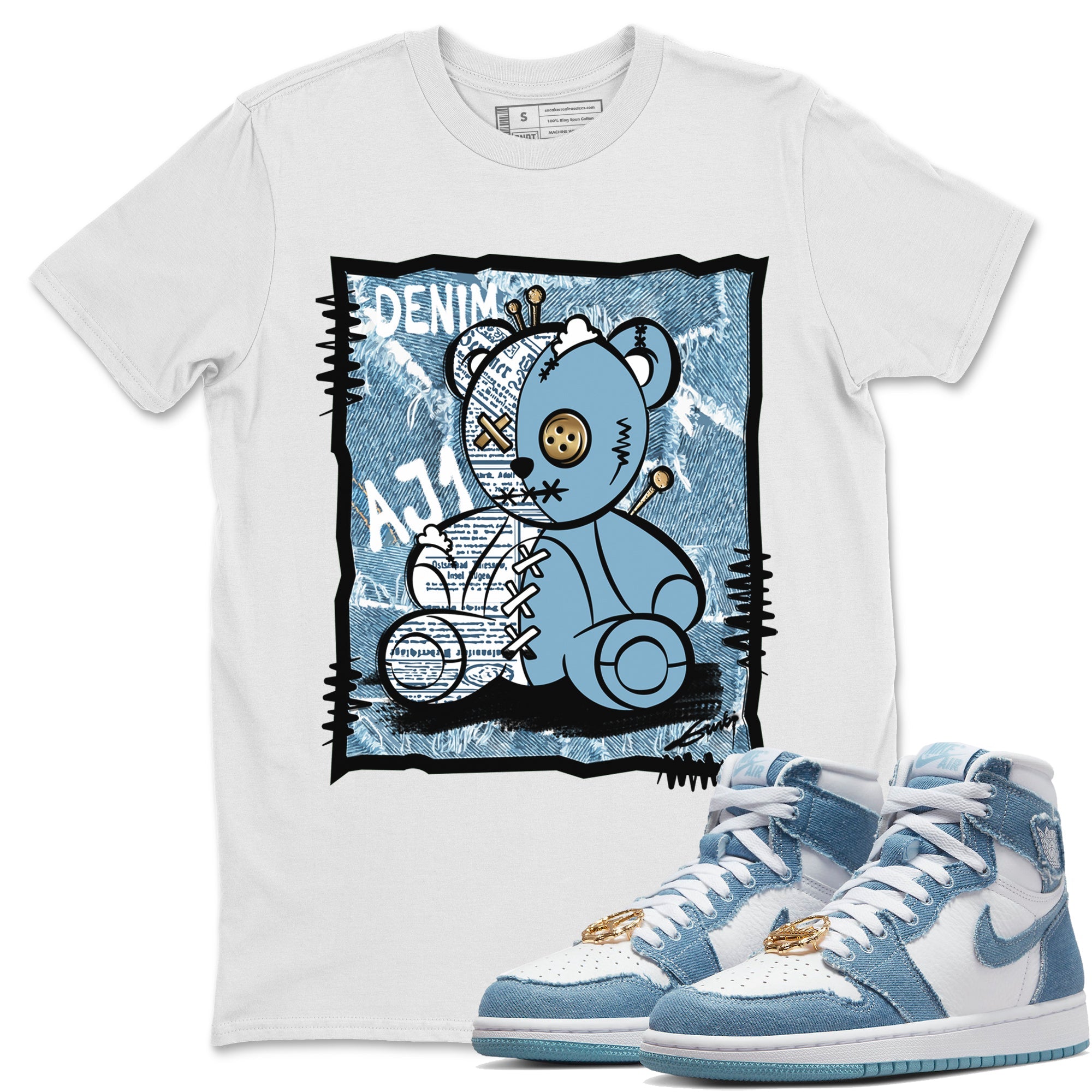 Jordan 1 Denim Sneaker Matching T-Shirt Vintage Bear Sneaker Tees Jordan 1 Denim Sneaker Release Tees Crew Neck Tees