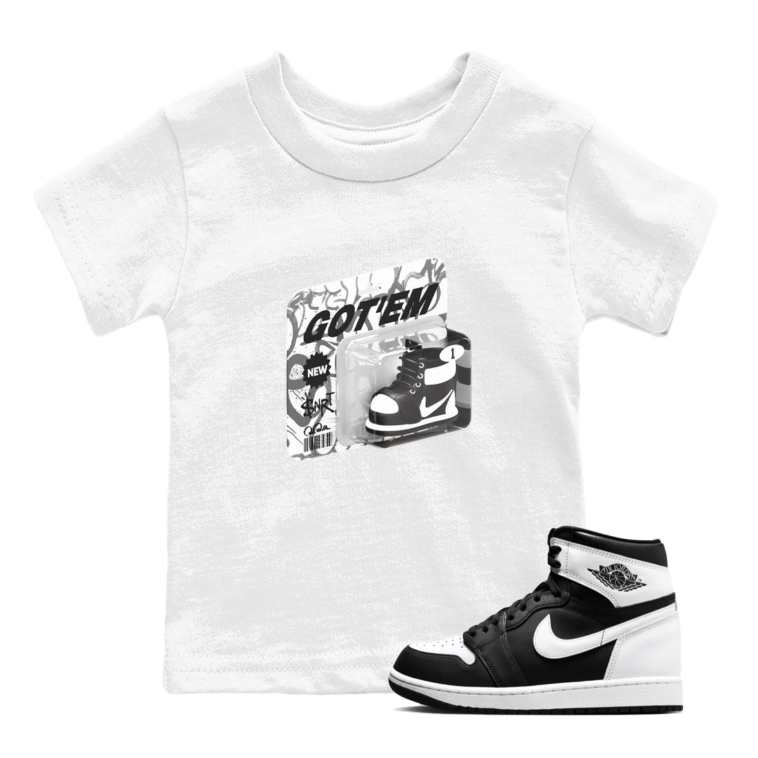 1s Black White shirt to match jordans Vintage Toy Packaging sneaker tees Air Jordan 1 High OG Black White Drip Gear Zone baby toddler White 1 cotton Shirt