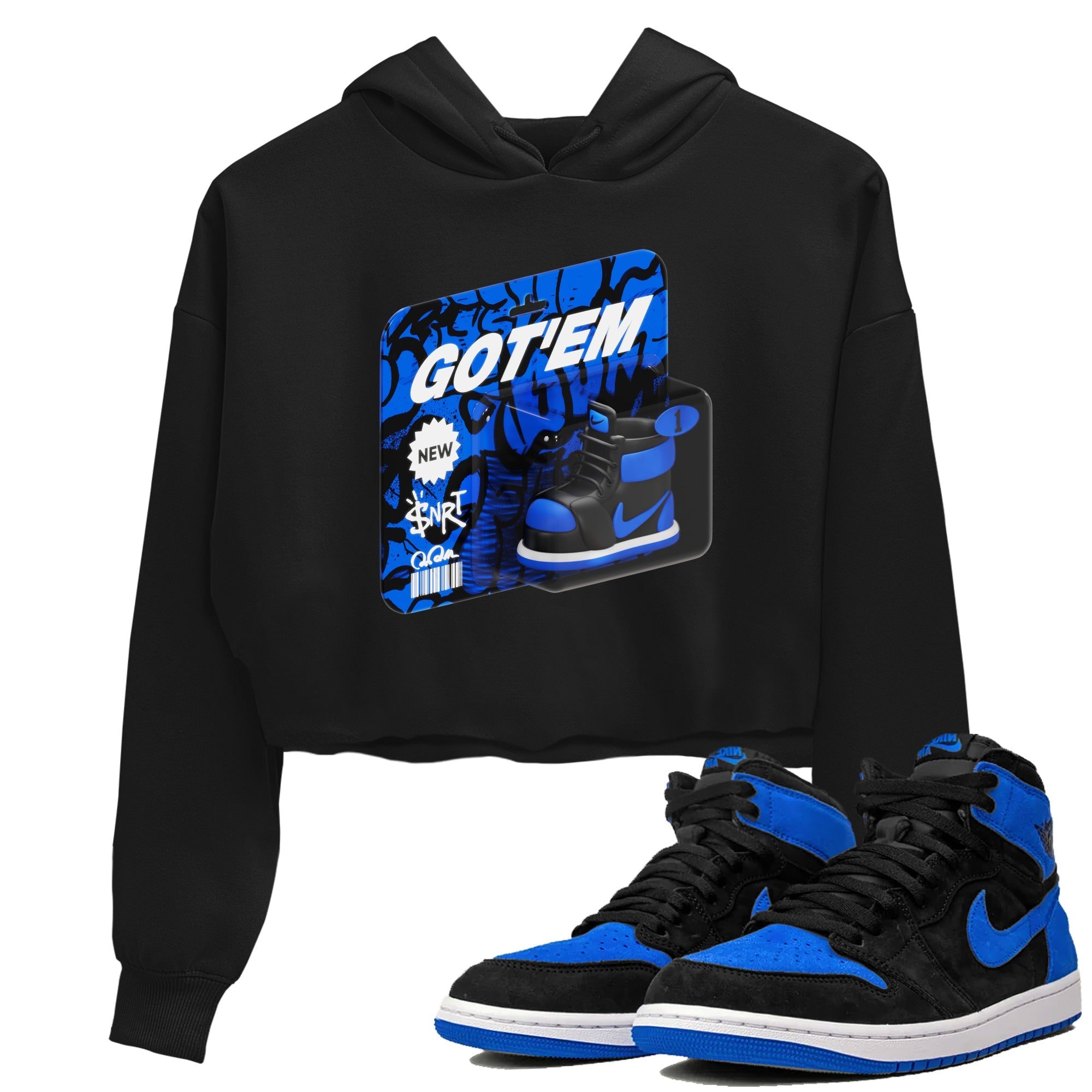 Air Jordan 1 Royal Reimagined shirt to match jordans Vintage Toy Packaging sneaker tees AJ1 Royal Reimagined Drip Gear Zone Black 1 Crop T-Shirt