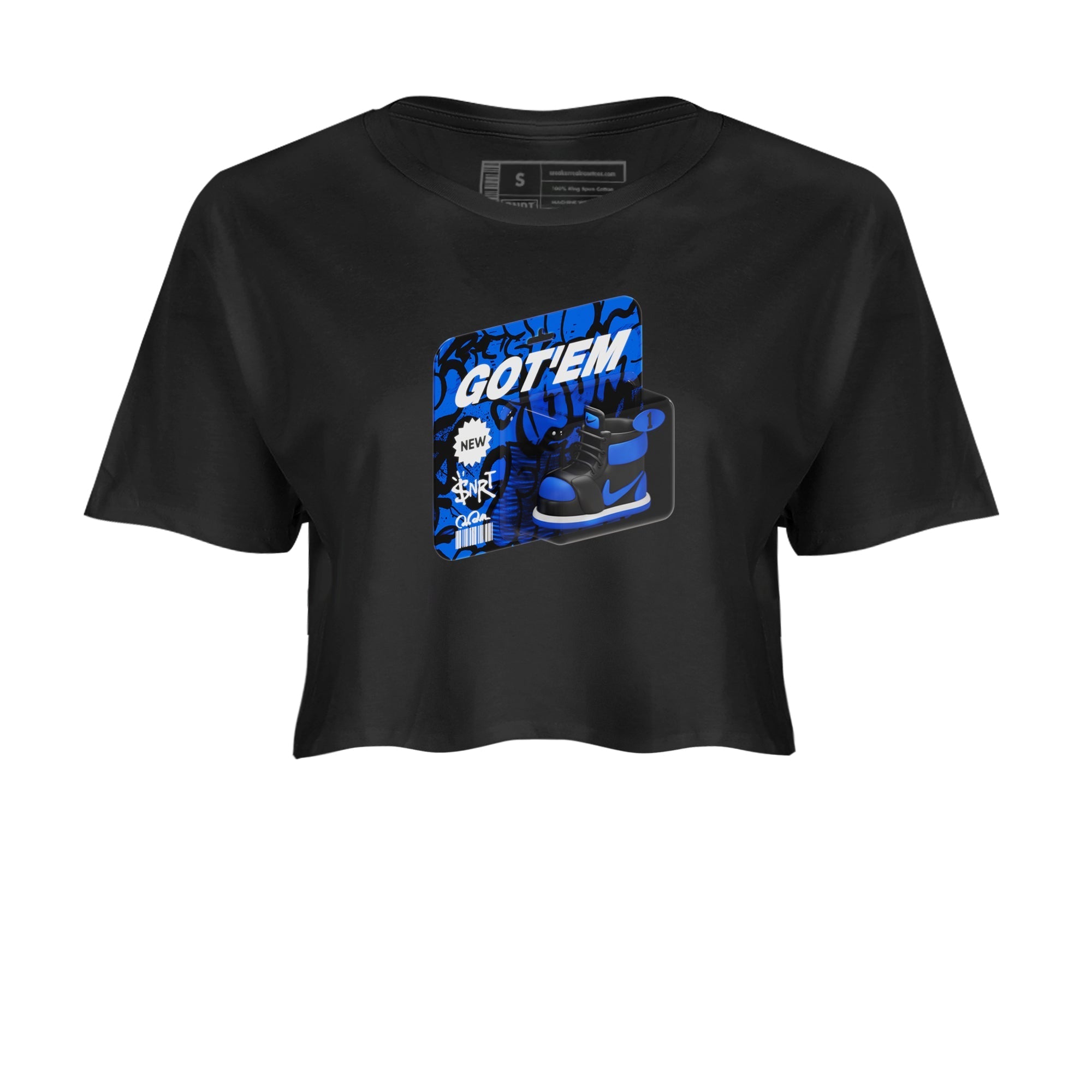 Air Jordan 1 Royal Reimagined shirt to match jordans Vintage Toy Packaging sneaker tees AJ1 Royal Reimagined Drip Gear Zone Black 2 Crop T-Shirt