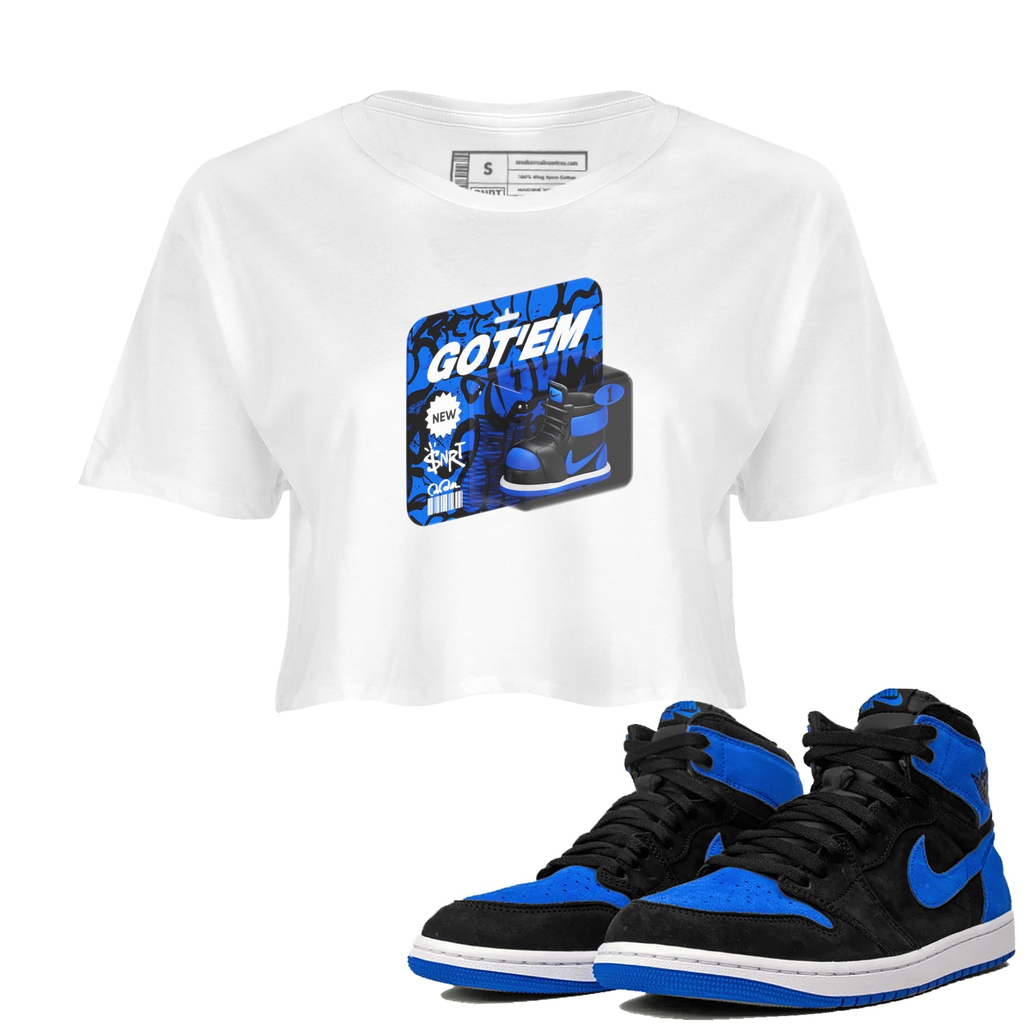 Air Jordan 1 Royal Reimagined shirt to match jordans Vintage Toy Packaging sneaker tees AJ1 Royal Reimagined Drip Gear Zone White 1 Crop T-Shirt