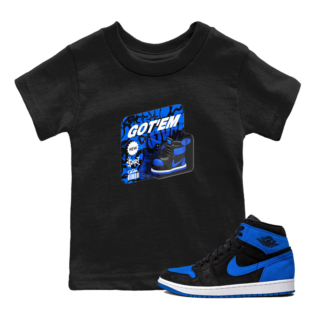 Air Jordan 1 Royal Reimagined shirt to match jordans Vintage Toy Packaging sneaker tees AJ1 Royal Reimagined Drip Gear Zone Kids Baby Toddler sneaker shirts Black 1 T-Shirt