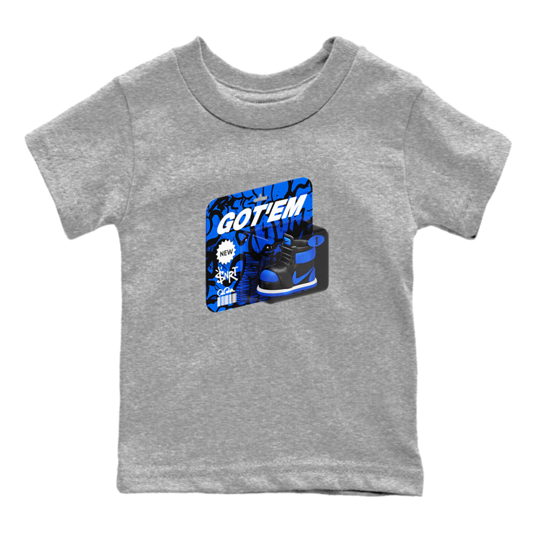 Air Jordan 1 Royal Reimagined shirt to match jordans Vintage Toy Packaging sneaker tees AJ1 Royal Reimagined Drip Gear Zone Kids Baby Toddler sneaker shirts Heather Grey 2 T-Shirt