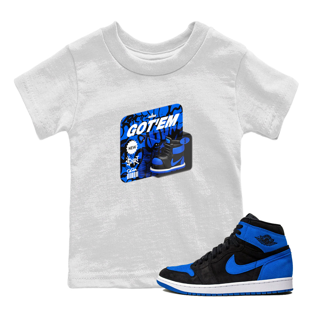 Air Jordan 1 Royal Reimagined shirt to match jordans Vintage Toy Packaging sneaker tees AJ1 Royal Reimagined Drip Gear Zone Kids Baby Toddler sneaker shirts White 1 T-Shirt