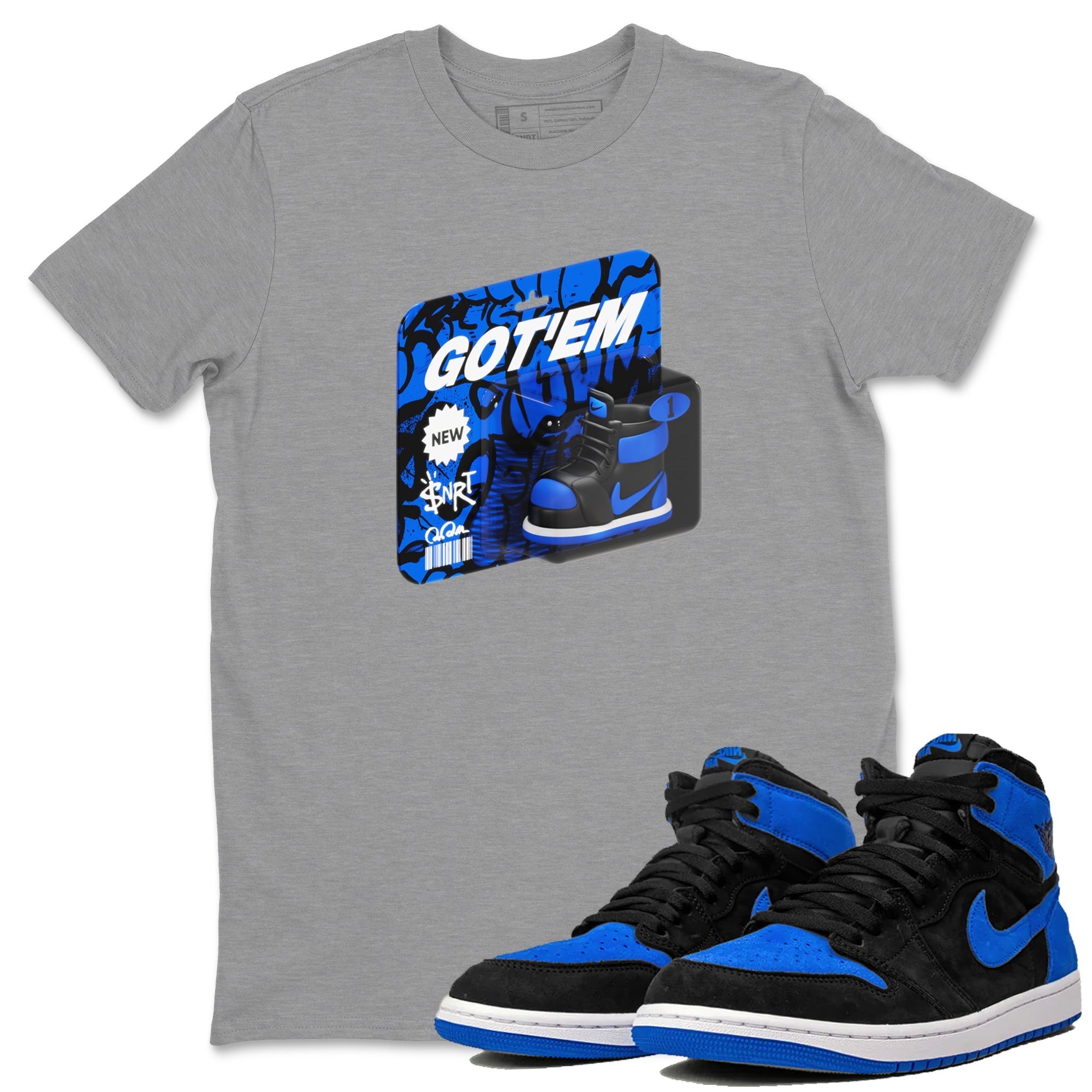 Air Jordan 1 Royal Reimagined shirt to match jordans Vintage Toy Packaging sneaker tees AJ1 Royal Reimagined Drip Gear Zone Unisex Sneaker Tees and Sneaker Match T-Shirt Heather Grey 1 T-Shirt