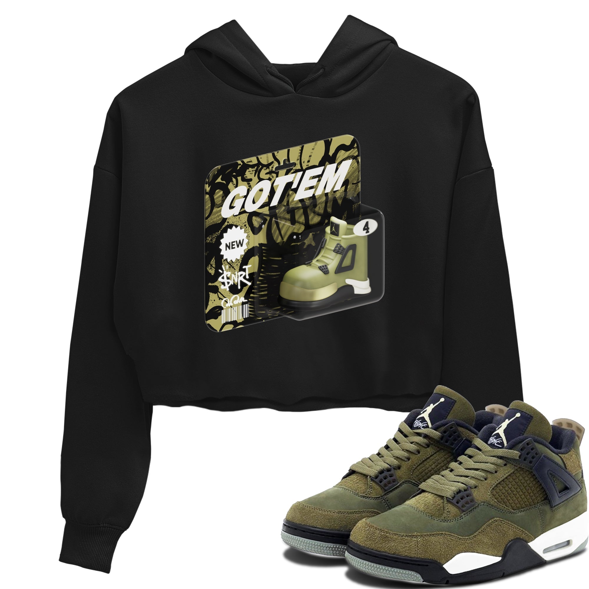 Air Jordan 4 Medium Olive shirt to match jordans streetwear brand Vintage Toy Packaging sneaker tees AJ4 Medium Olive Drip Gear Zone Black 1 Crop T-Shirt