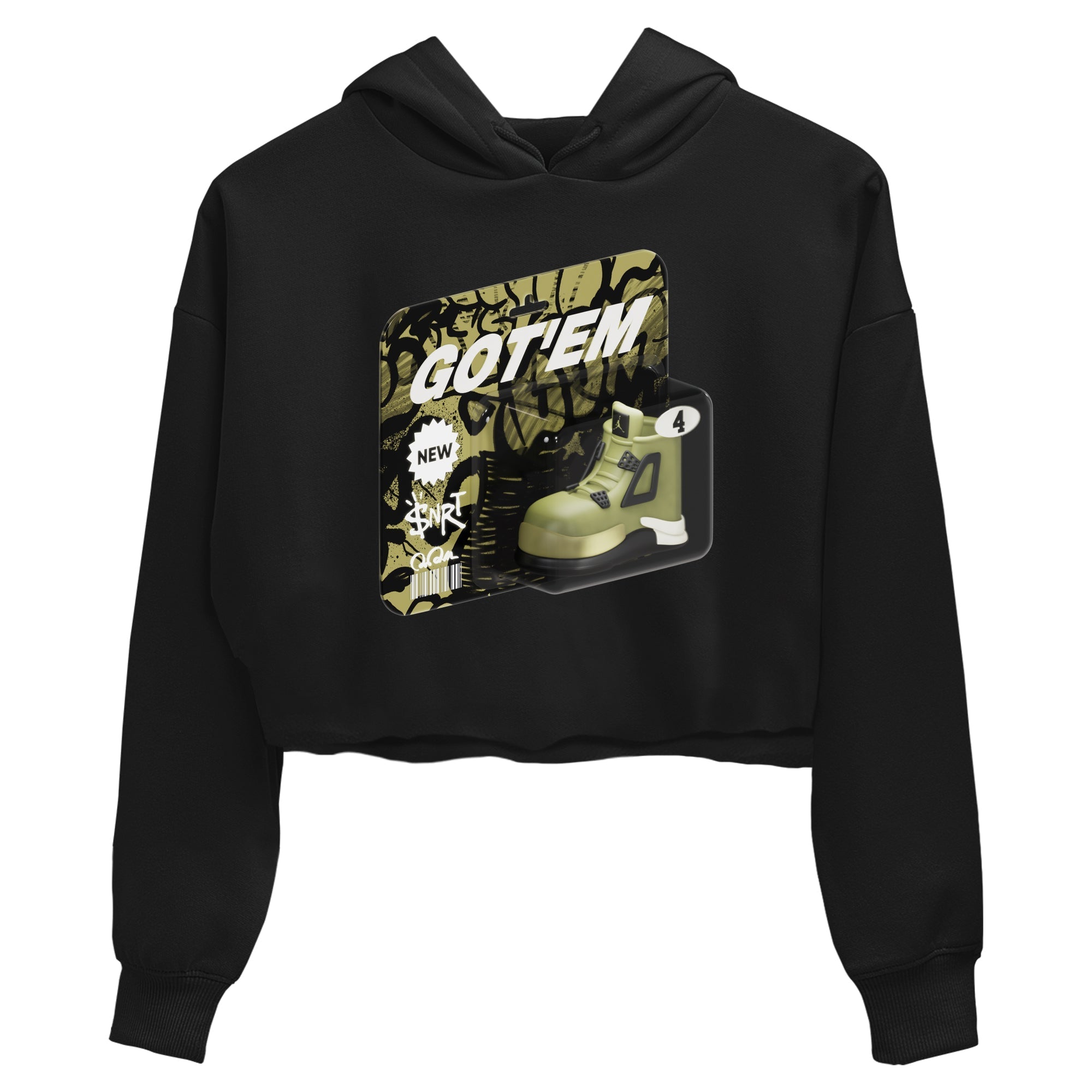 Air Jordan 4 Medium Olive shirt to match jordans streetwear brand Vintage Toy Packaging sneaker tees AJ4 Medium Olive Drip Gear Zone Black 2 Crop T-Shirt