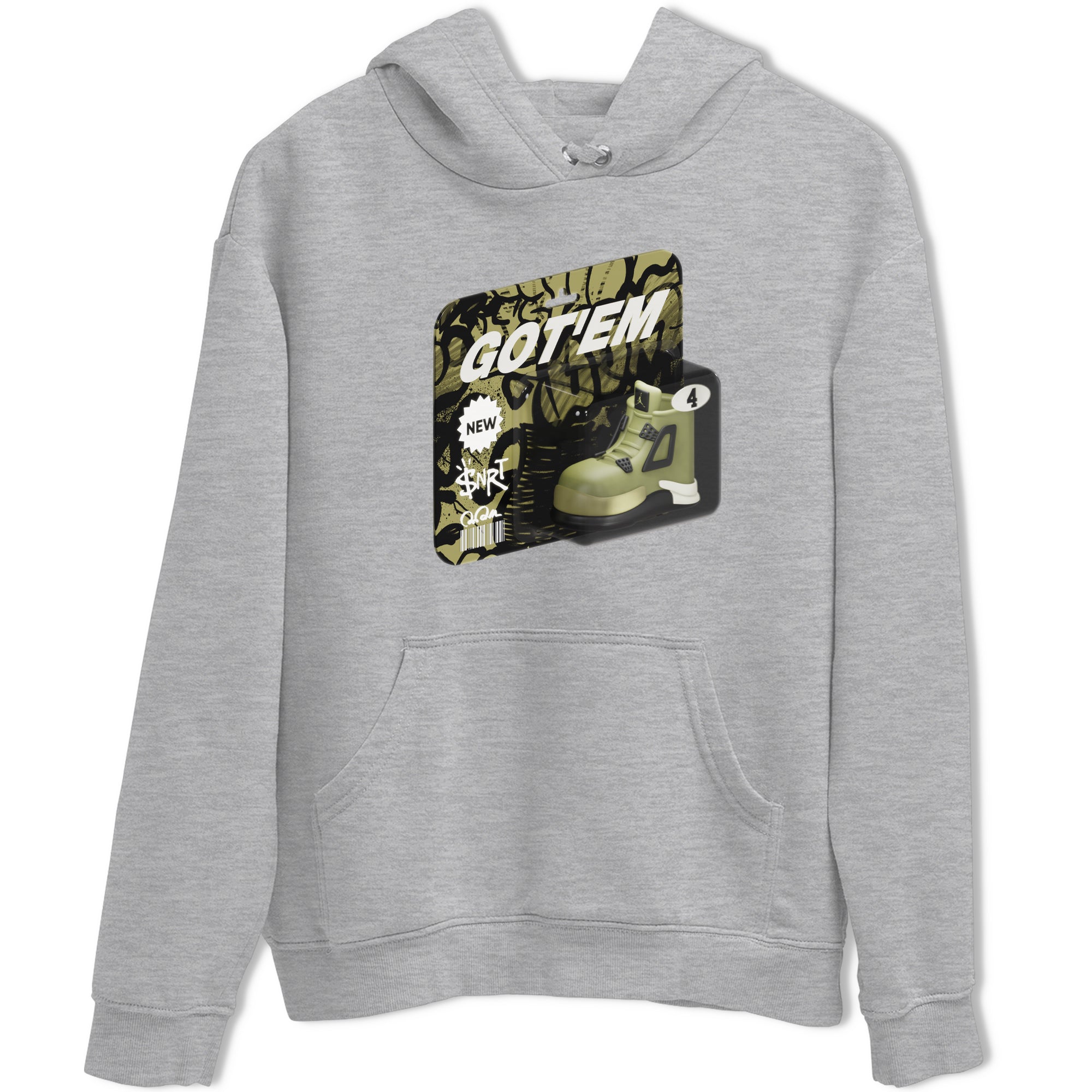 Air Jordan 4 Medium Olive shirt to match jordans streetwear brand Vintage Toy Packaging sneaker tees AJ4 Medium Olive Drip Gear Zone Unisex Heather Grey 2 T-Shirt