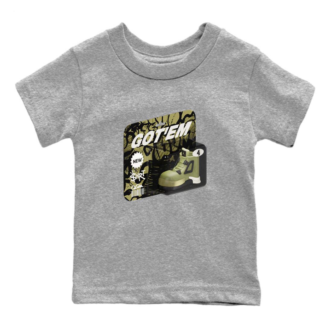 Air Jordan 4 Medium Olive shirt to match jordans streetwear brand Vintage Toy Packaging sneaker tees AJ4 Medium Olive Drip Gear Zone Baby Toddler Heather Grey 2 T-Shirt