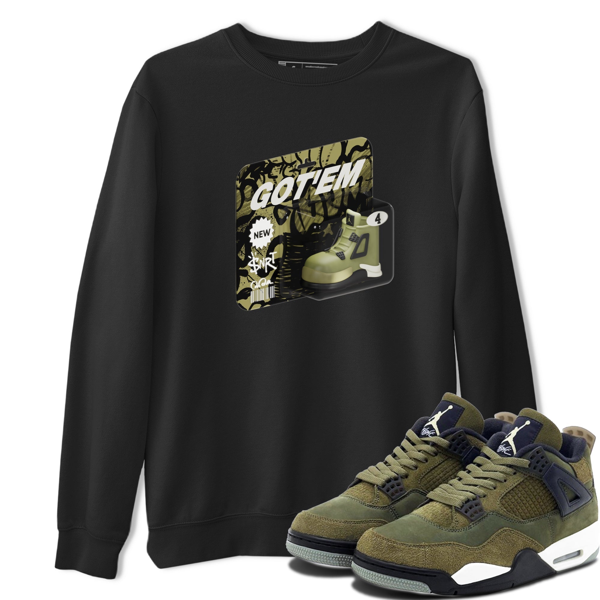 Air Jordan 4 Medium Olive shirt to match jordans streetwear brand Vintage Toy Packaging sneaker tees AJ4 Medium Olive Drip Gear Zone Unisex Black 1 T-Shirt